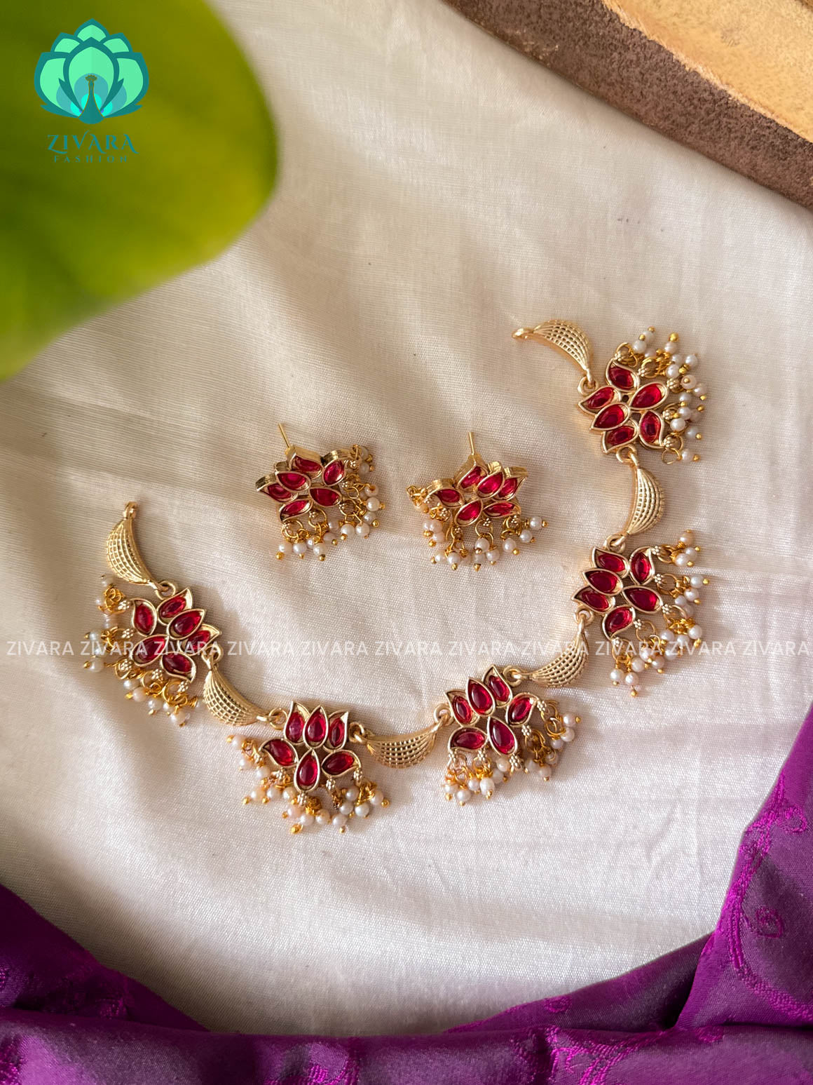 RUBY LOTUS - Normal matte NECKWEAR  with earrings-latest south indian jewellery