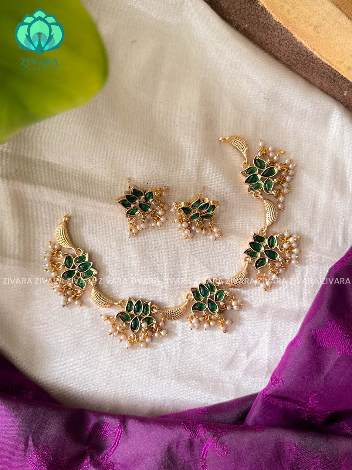 GREEN LOTUS - Normal matte NECKWEAR  with earrings-latest south indian jewellery