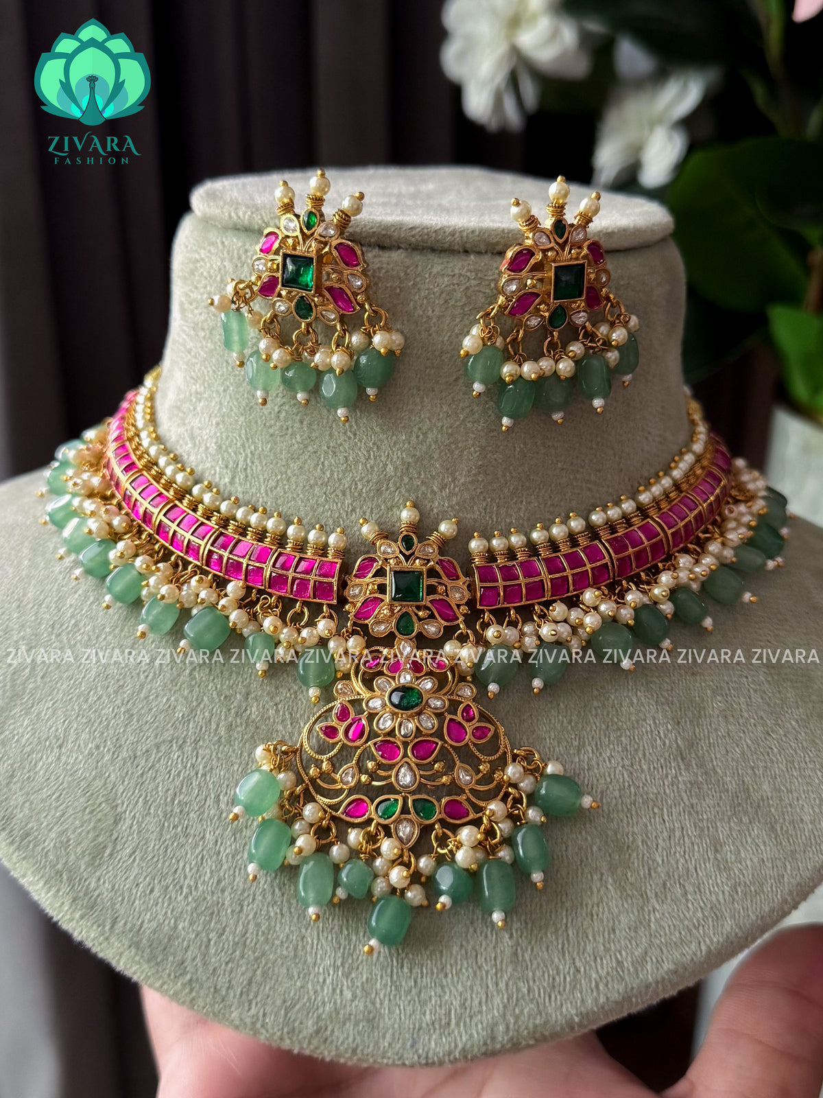 AKSHAYAM - JADAU BRIDAL NECKWEAR WITH GREEN BEADS HANGINGS -Traditional south indian premium neckwear withOUT studs - Zivara Fashion- latest jewellery design