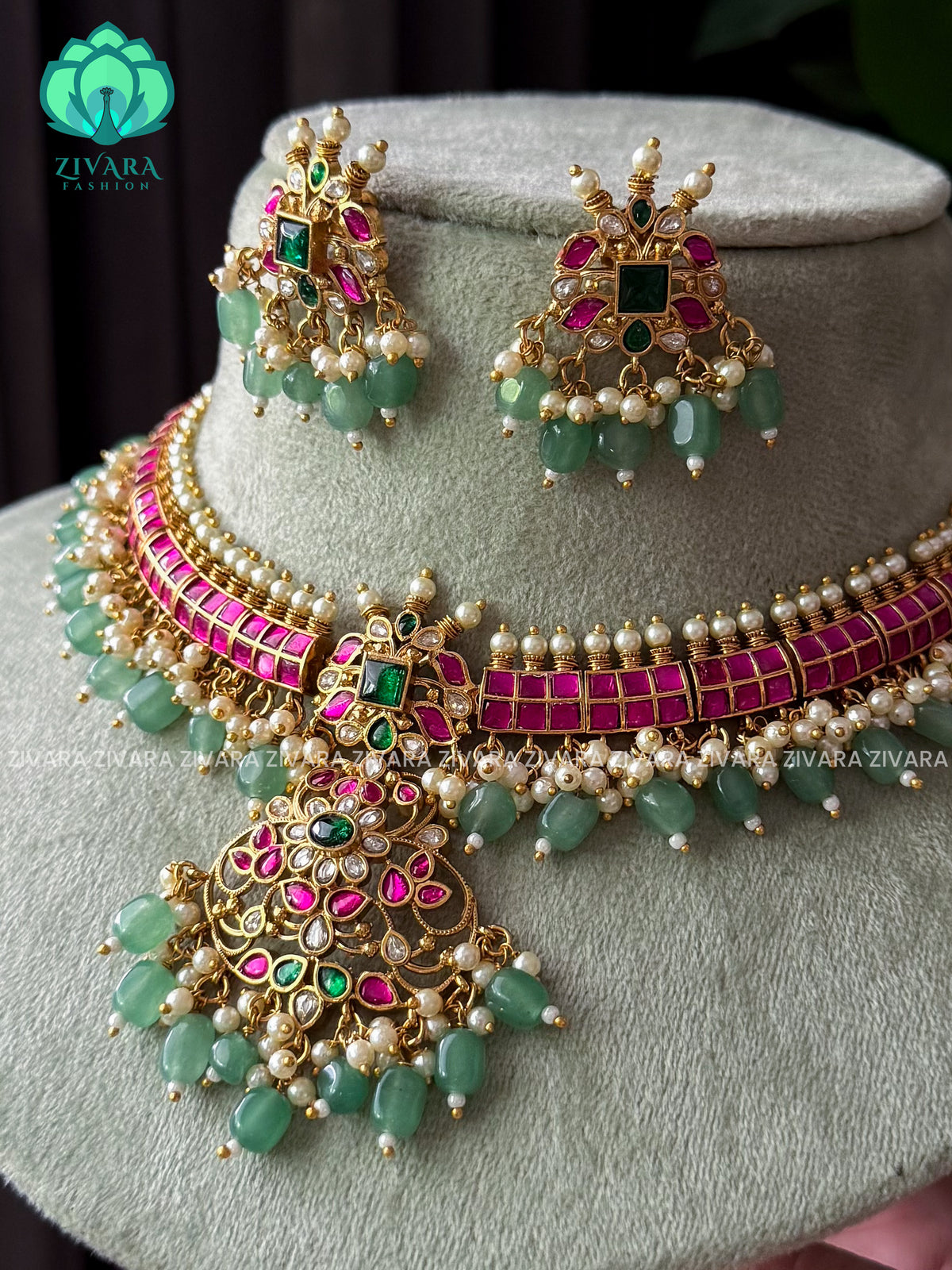 AKSHAYAM - JADAU BRIDAL NECKWEAR WITH GREEN BEADS HANGINGS -Traditional south indian premium neckwear withOUT studs - Zivara Fashion- latest jewellery design