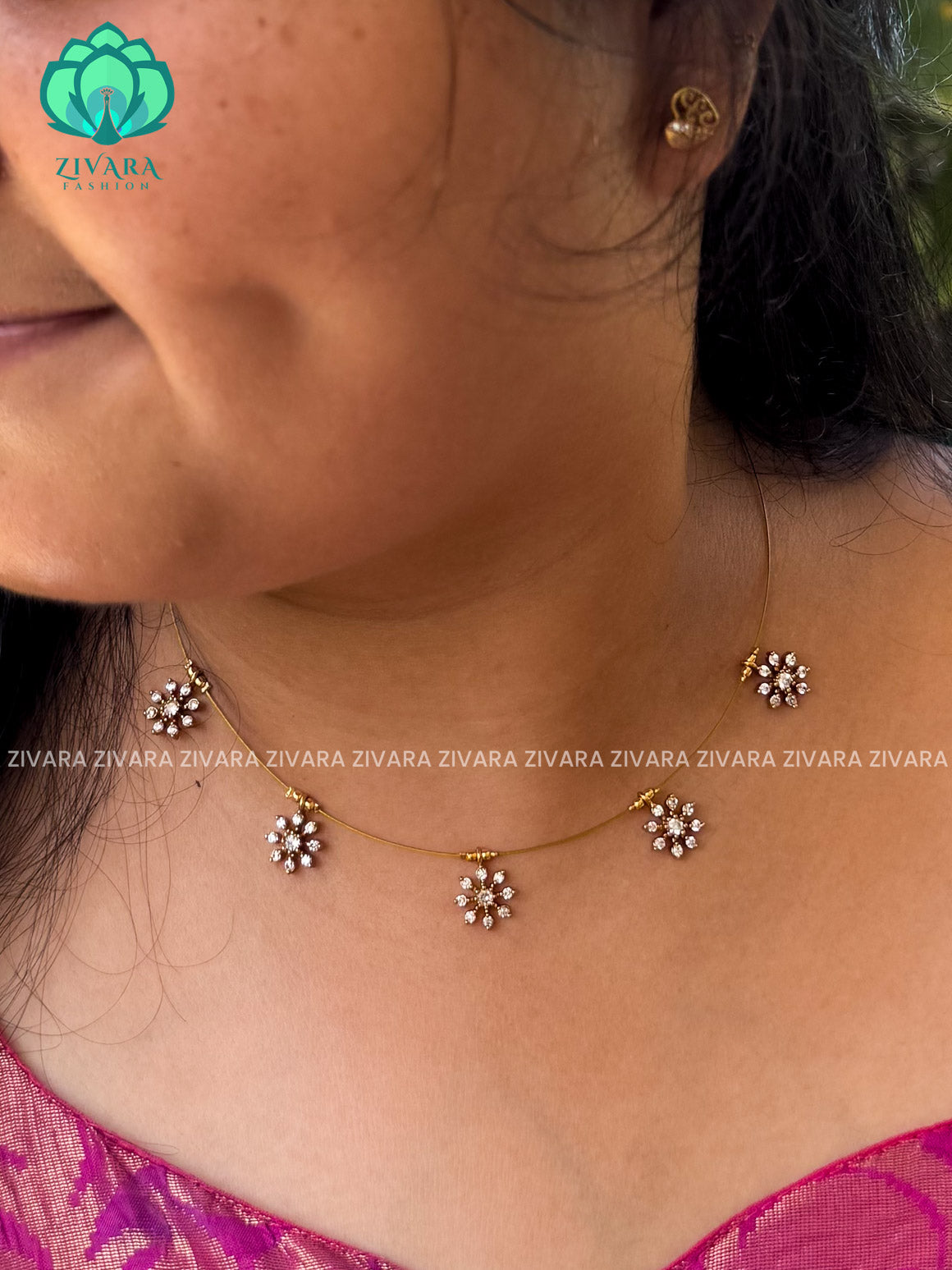 WHITE STONE - DARK FINISH SNOWFLAKE  TAMARA INVISIBLE MINIMAL ELEGANT HANDMADE NECKLACE WITH BRILLIANT FINISH MOTIFS- ZIVARA FASHION