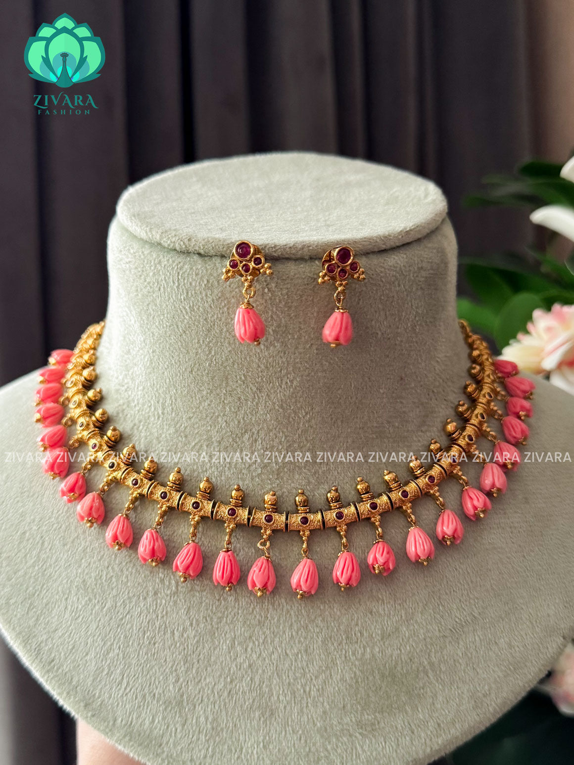 Pavalamalli beads - Traditional south indian premium neckwear with earrings- Zivara Fashion- latest jewellery design