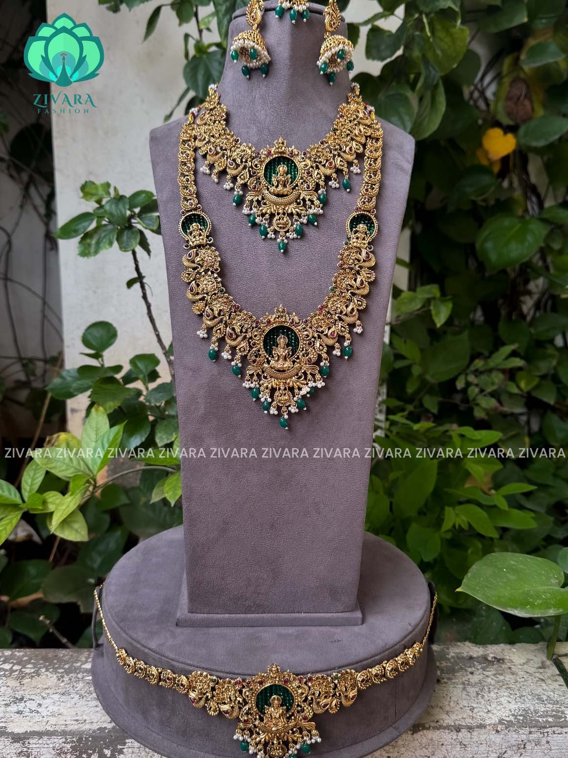 Trending green beads TEMPLE -COMBO OF NORMAL MATTE ,SHORT, long earring and hipbelt   - Zivara Fashion