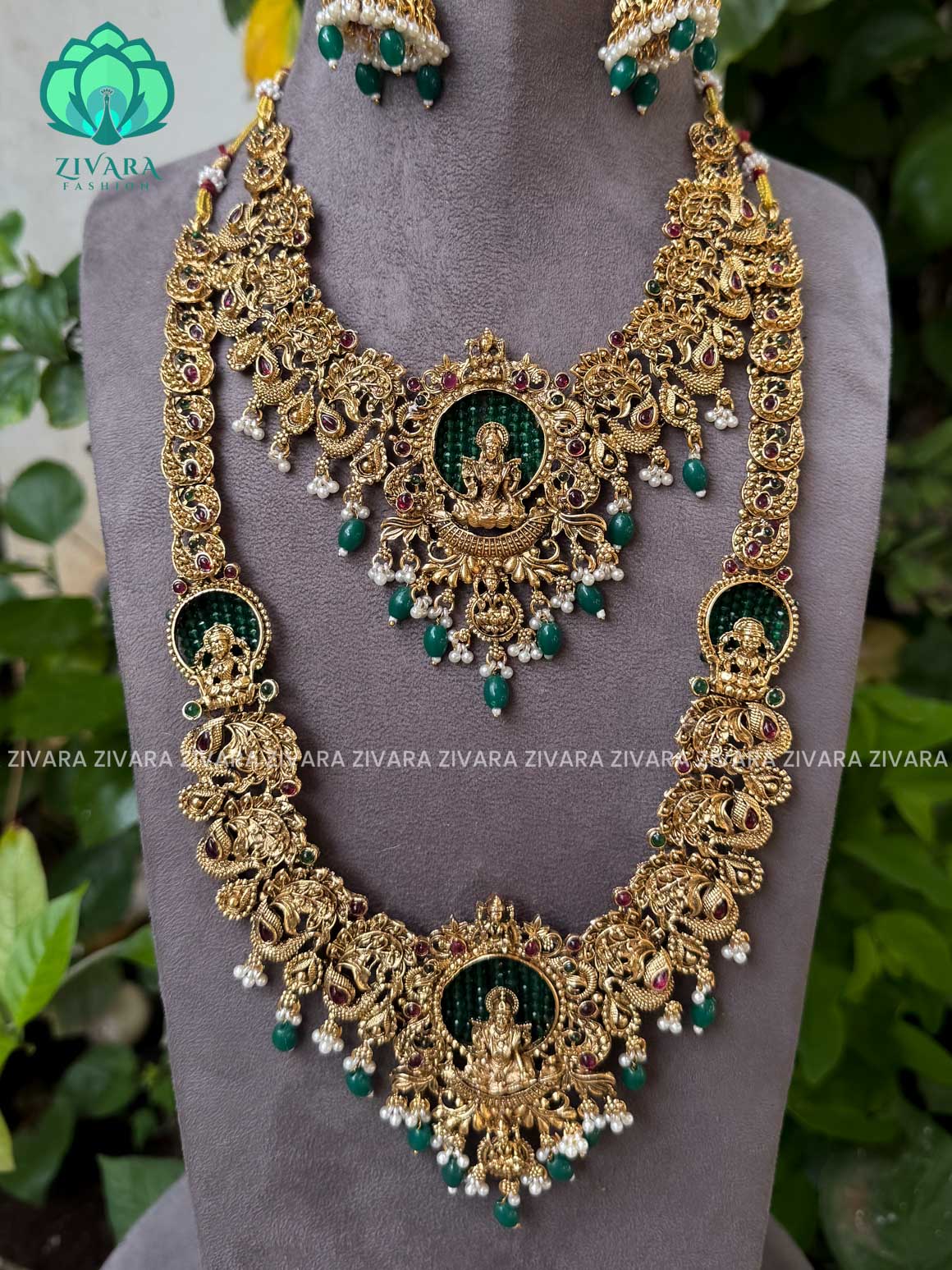 Trending green beads TEMPLE -COMBO OF NORMAL MATTE ,SHORT, long earring and hipbelt   - Zivara Fashion