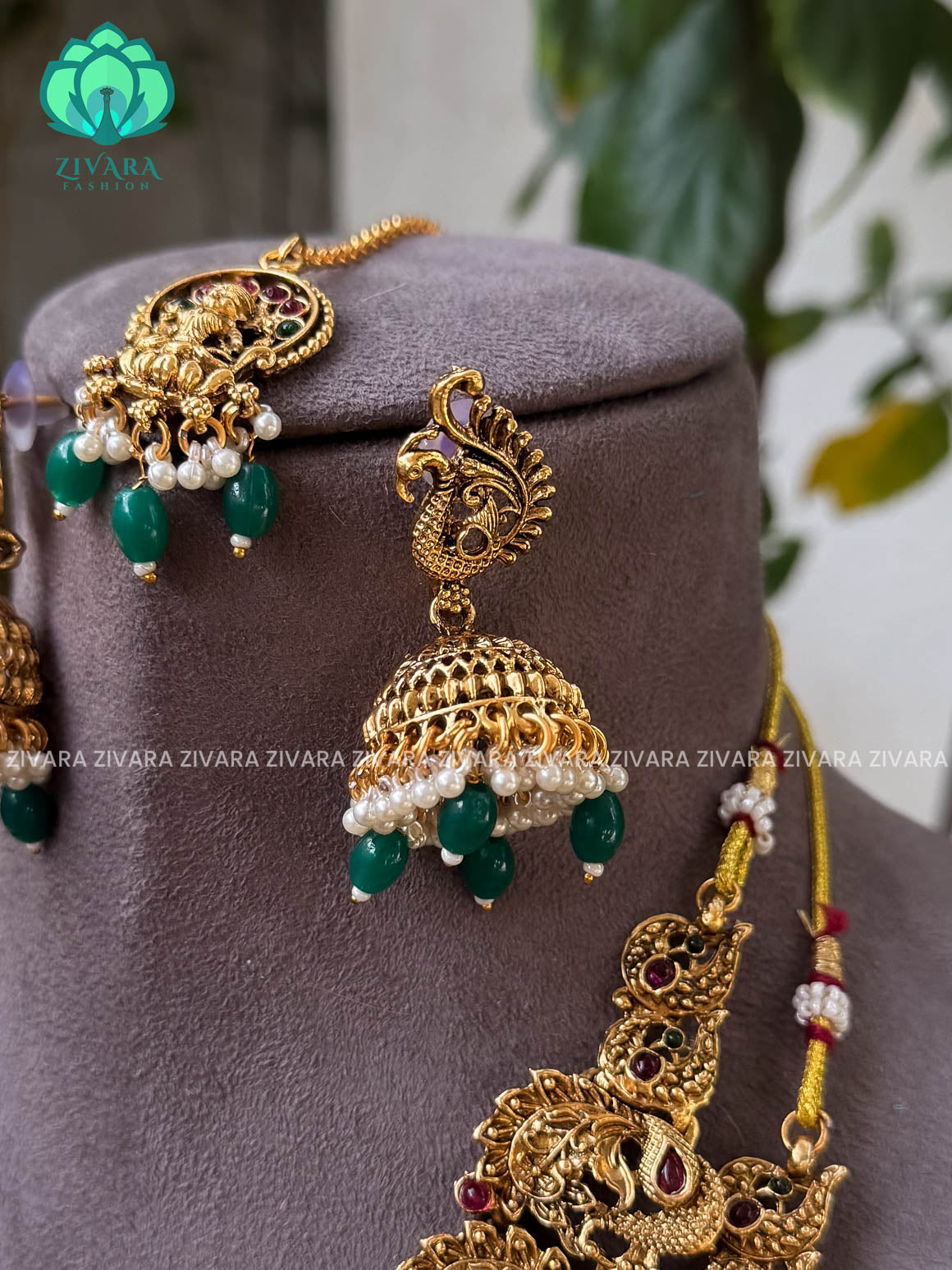 Trending green beads TEMPLE -COMBO OF NORMAL MATTE ,SHORT, long earring and hipbelt   - Zivara Fashion