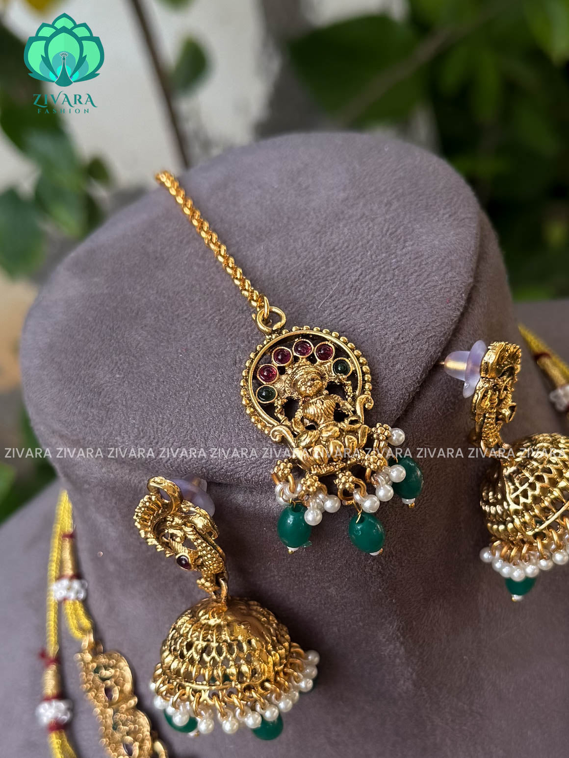 Trending green beads TEMPLE -COMBO OF NORMAL MATTE ,SHORT, long earring and hipbelt   - Zivara Fashion