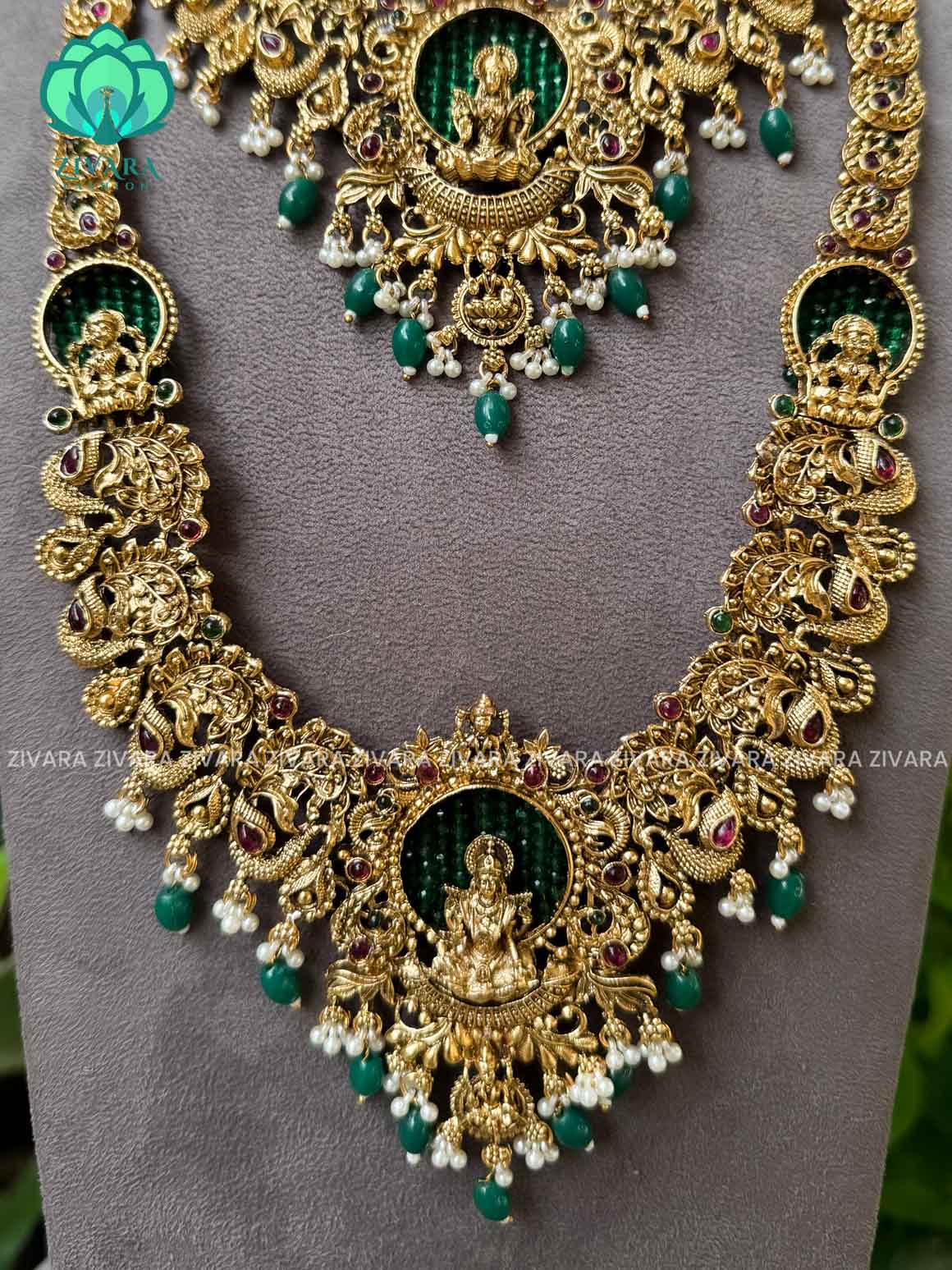 Trending green beads TEMPLE -COMBO OF NORMAL MATTE ,SHORT, long earring and hipbelt   - Zivara Fashion