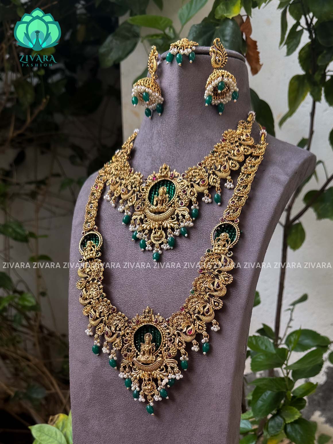 Trending green beads TEMPLE -COMBO OF NORMAL MATTE ,SHORT, long earring and hipbelt   - Zivara Fashion
