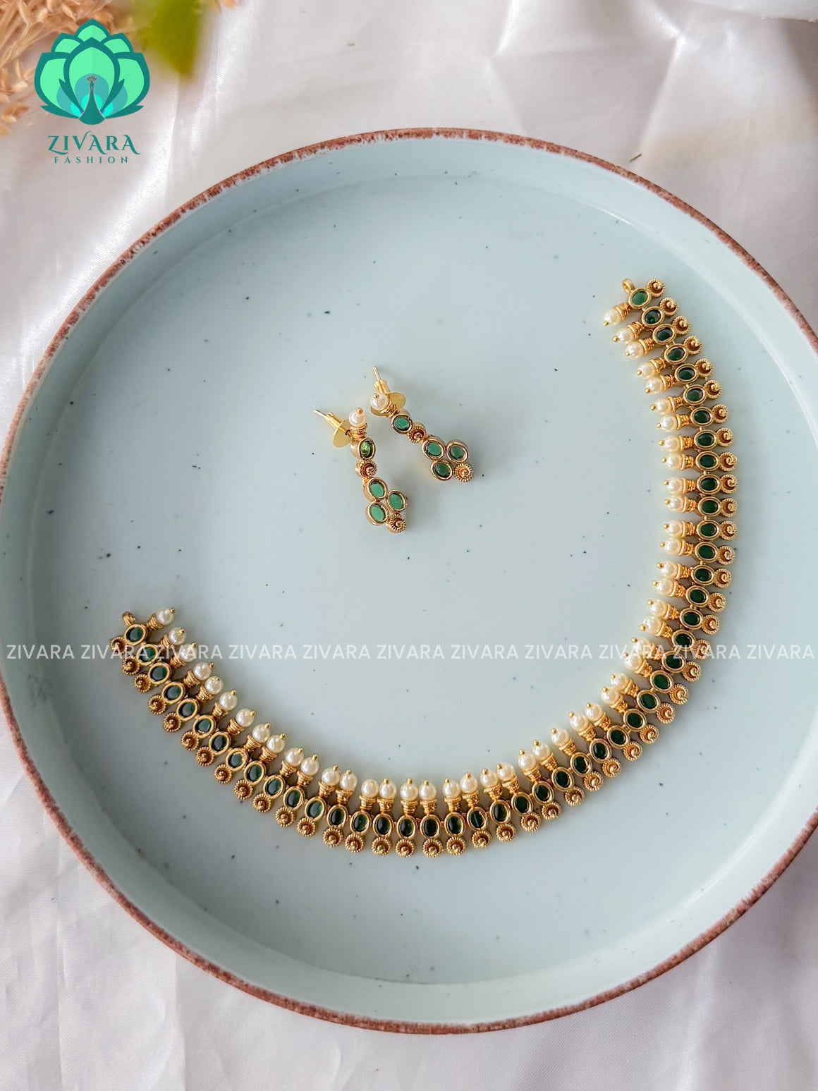 GREEN- OVAL MOTIFS  -Traditional south indian premium neckwear with earrings- Zivara Fashion- latest jewellery design