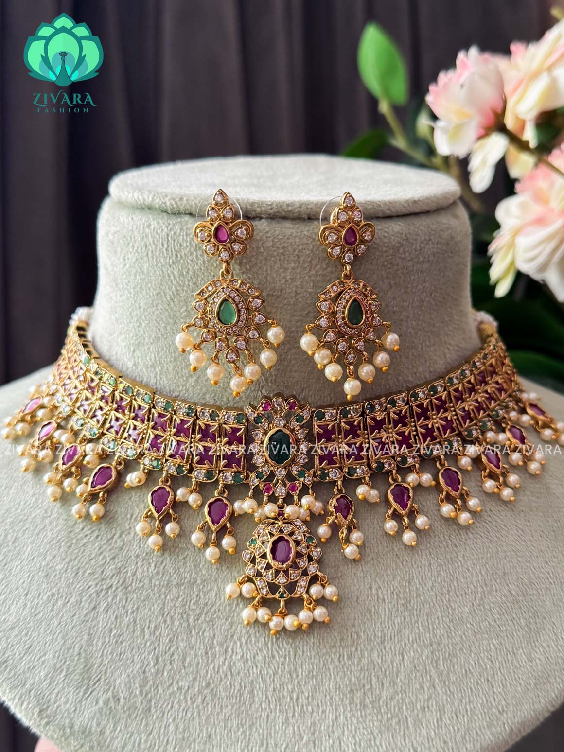 Real kemp  bridal guttapusalu choker- CZ matte finish- Zivara Fashion