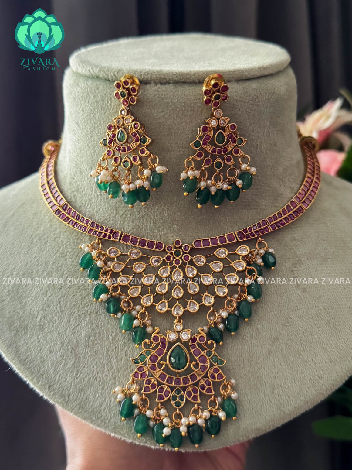 AKSHAYAM - BRIDAL REAL KEMP HASLI NECKWEAR WITH GREEN BEADS HANGINGS  - Traditional south indian premium JEWELLERY- Zivara Fashion- latest jewellery design