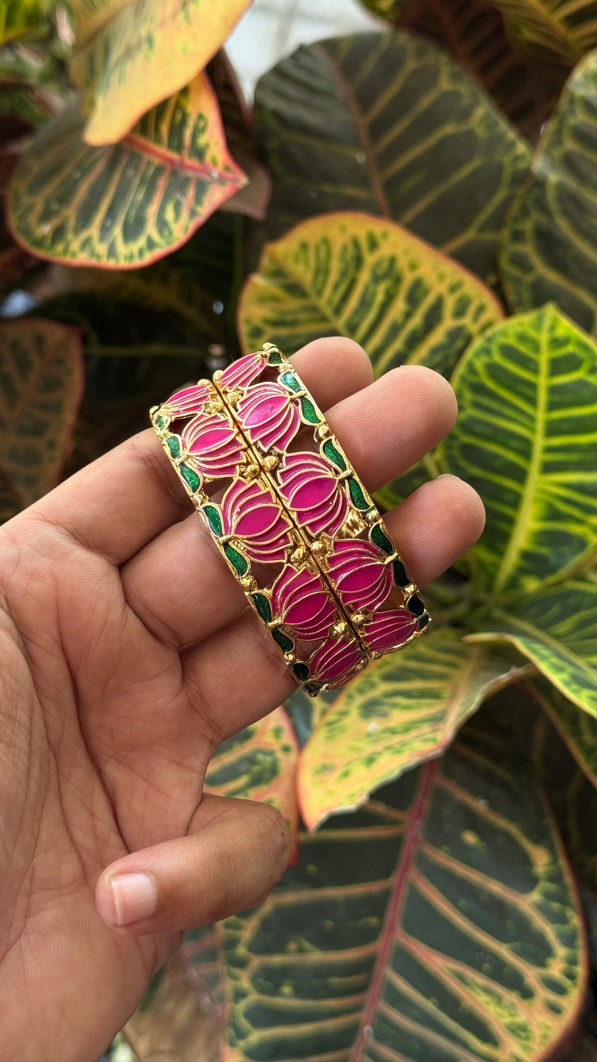 MANJU WARRIER PINK GREEN ENAMEL LOTUS - 2 PIECE - NORMAL MATTE FINISH bangles - latest jewellery collection- Zivara Fashion