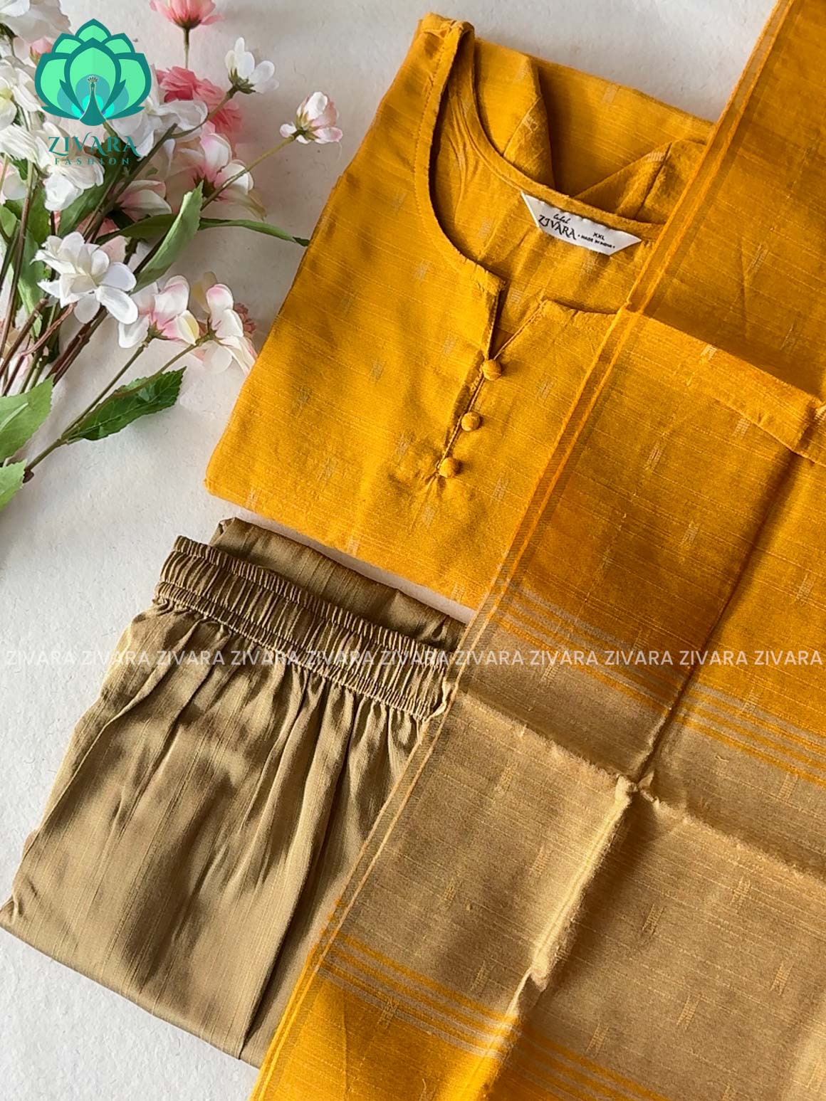 MADHAVI- GOLDEN YELLOW  - FESTIVE DUPION SILK SALWAR SET WITH DUPATTA - LABEL ZIVARA