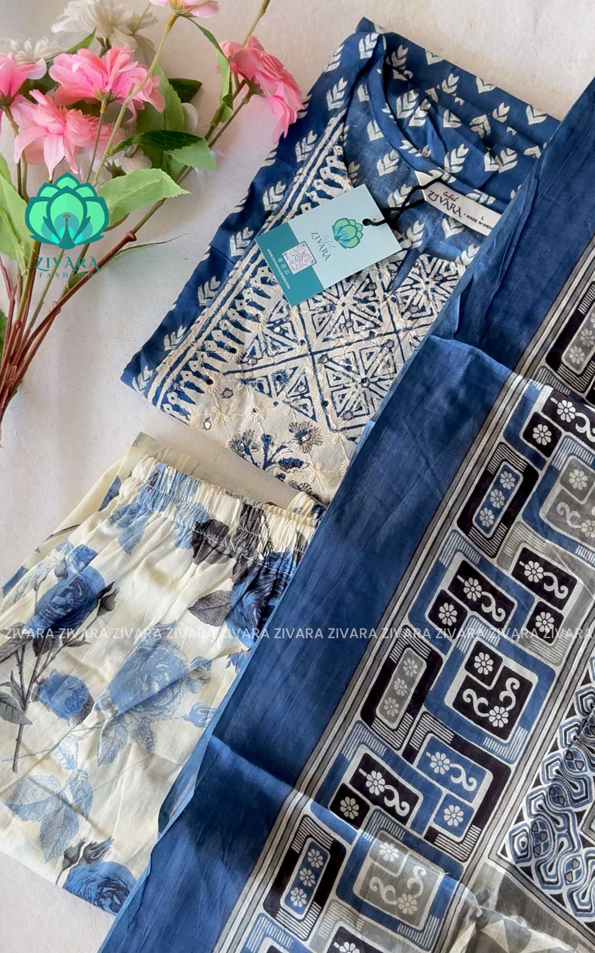Smrithi-BLUE- MUL COTTON- A LINE AND FLORAL PANT SET WITH DUPATTA - LABEL ZIVARA