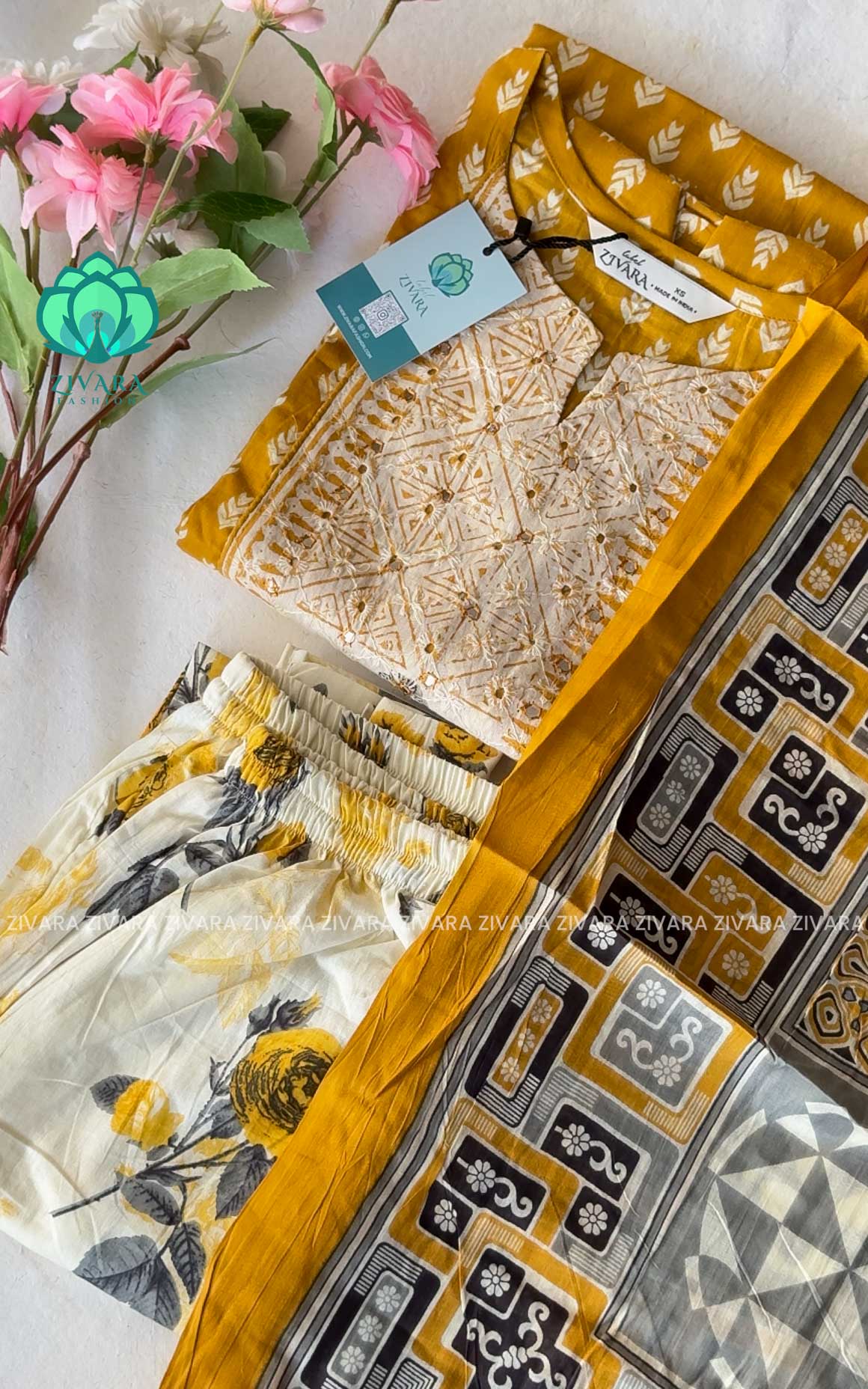Smrithi-Yellow- MUL COTTON- A LINE AND FLORAL PANT SET WITH DUPATTA - LABEL ZIVARA