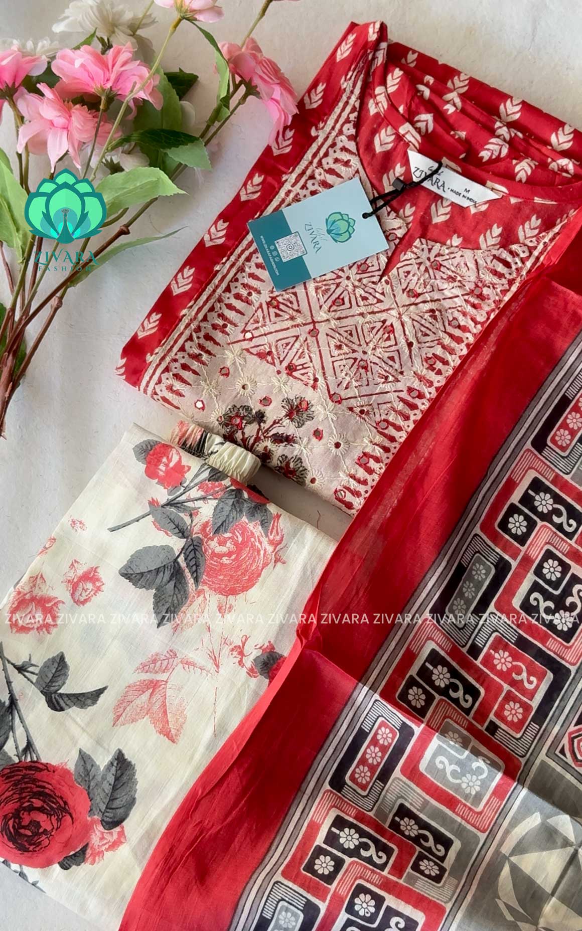 Smrithi-RED - MUL COTTON- A LINE AND FLORAL PANT SET WITH DUPATTA - LABEL ZIVARA