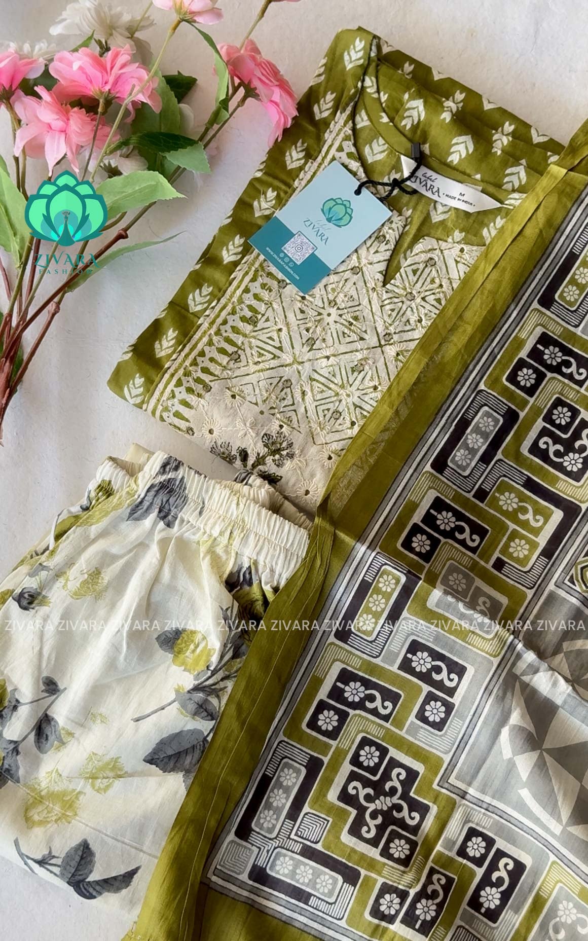 Smrithi-GREEN - MUL COTTON- A LINE AND FLORAL PANT SET WITH DUPATTA - LABEL ZIVARA