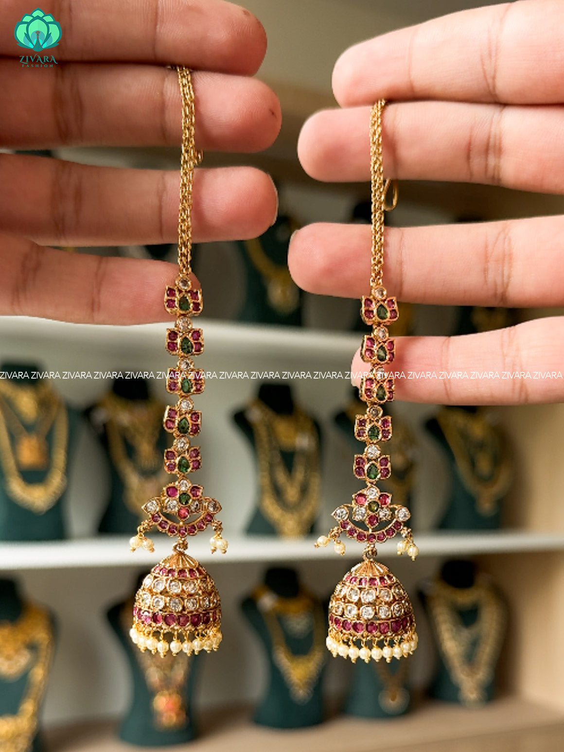 REAL KEMP STONE MEDIUM SIZE JHUMKA WITH MAATAL - latest jewellery collection- zivara fashion