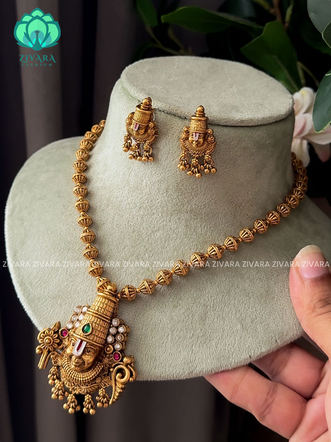 VISHALI GOLD BALL AND THIRUMAL PENDANT BALL CHAIN - Traditional NORMAL MATTE polish MIDCHEST haaram/neckwear with earrings- Zivara Fashion