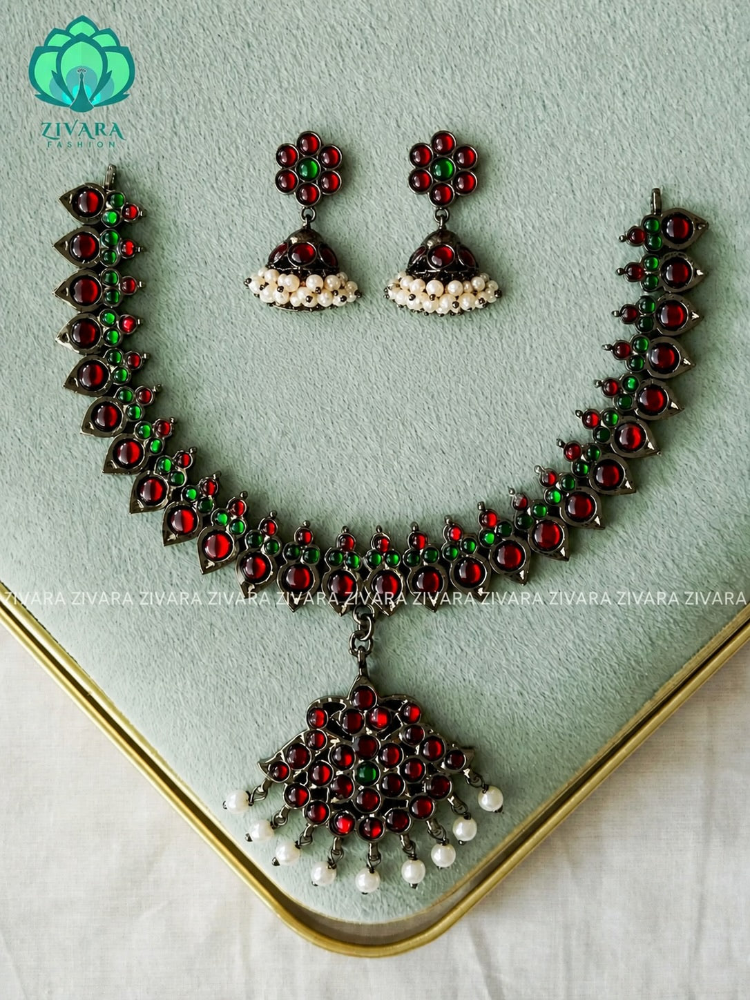 RED AND GREEN - madhuri- BLACK KEMP HANDMADE NECKWEAR WITH JHUMKA - latest kemp dance jewellery collection