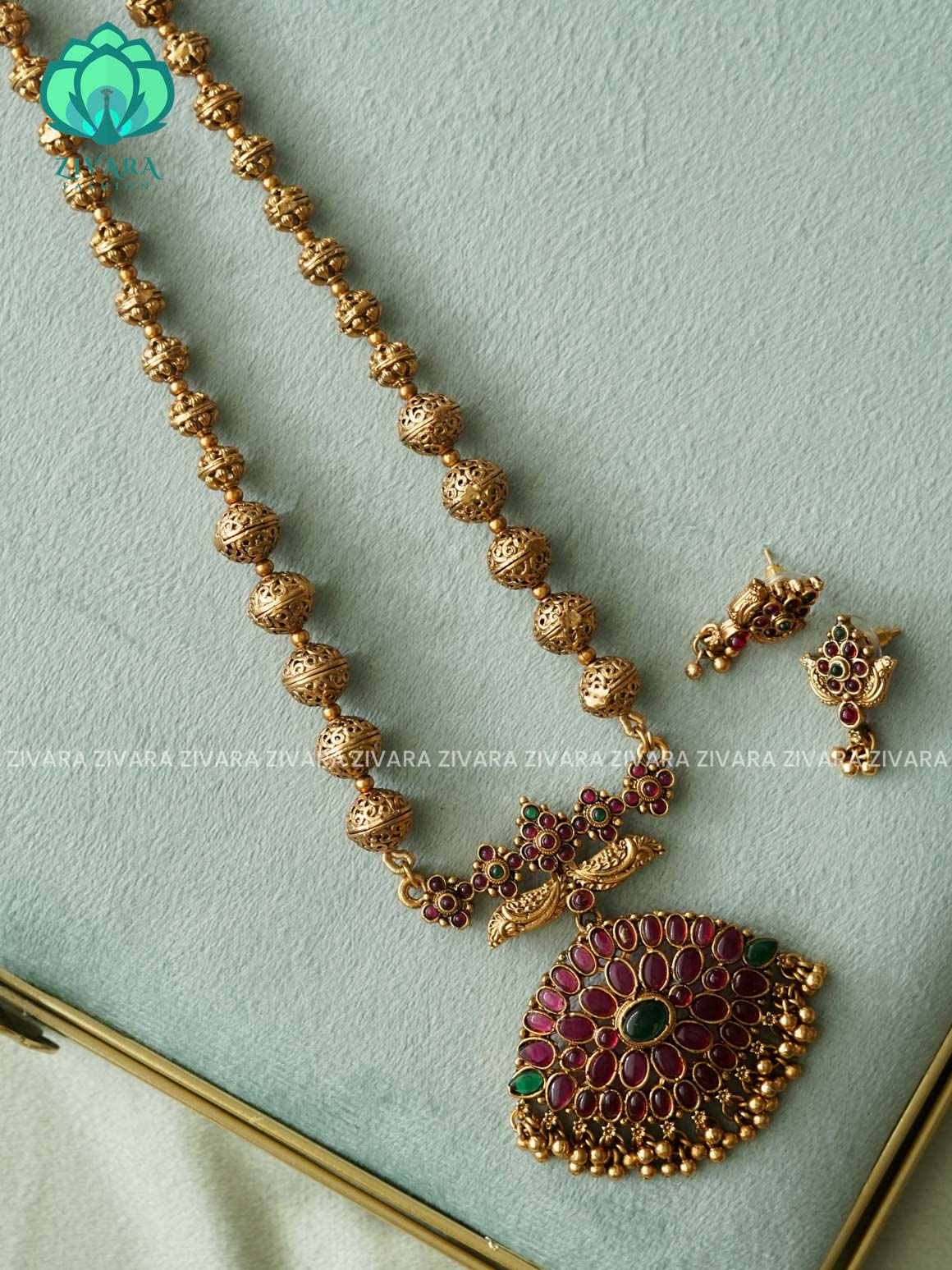 VISHALI GOLD BALL AND TEMPLE PENDANT BALL CHAIN - Traditional NORMAL MATTE polish MIDCHEST haaram/neckwear with earrings- Zivara Fashion