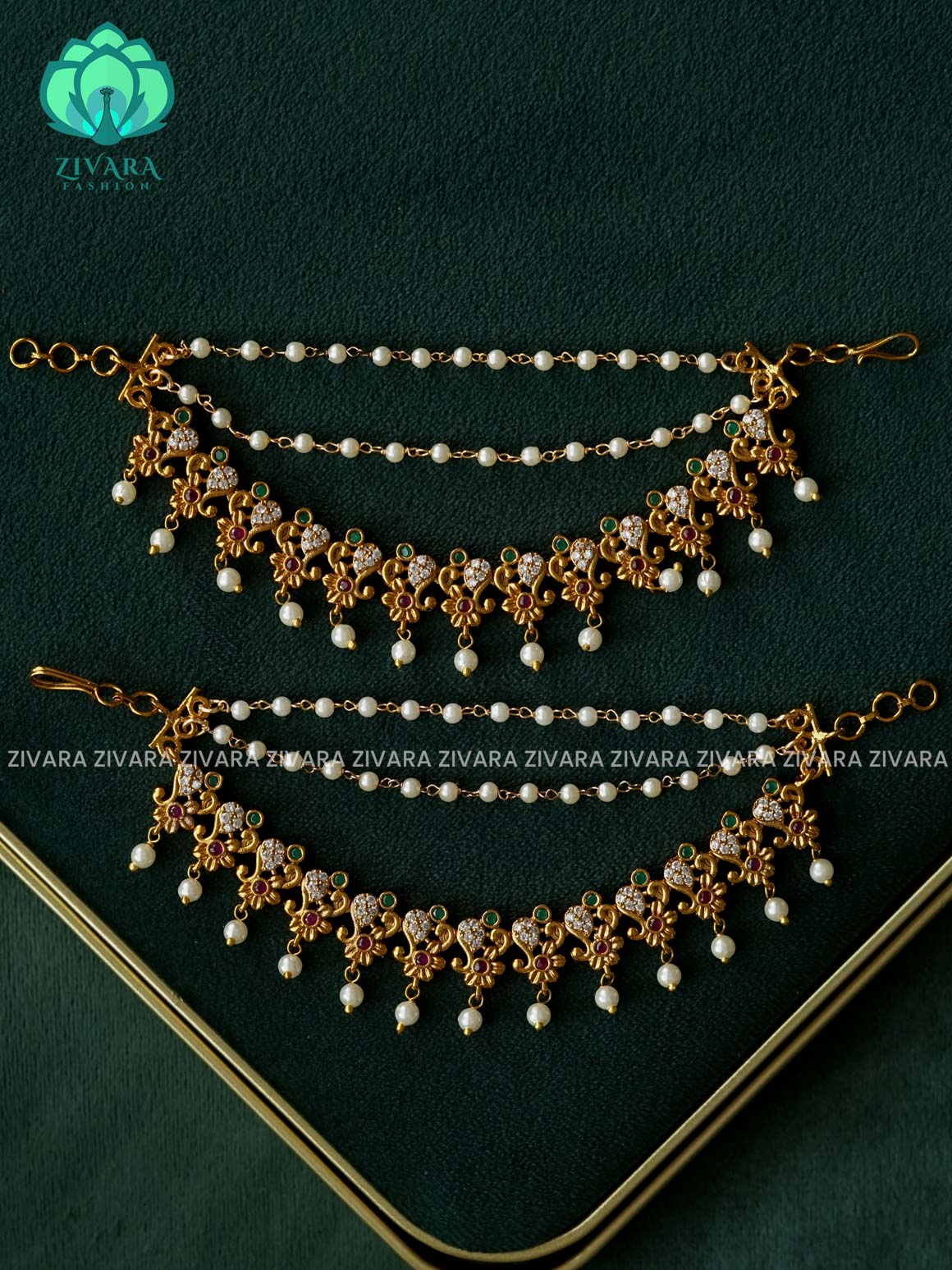 3 layer  GOLD FINISH  GREEN STONE earchains/maatals- bridal accessory- zivara fashion-latest jewellery collection