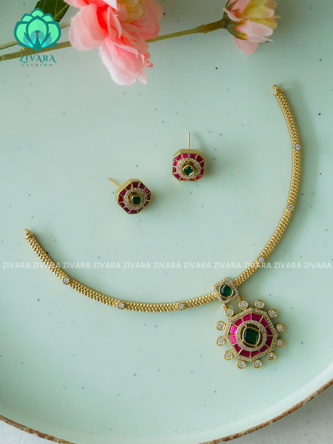 RUBY GREEN - JADAU ATTIGAI -Traditional south indian premium neckwear with studs - Zivara Fashion- latest jewellery design