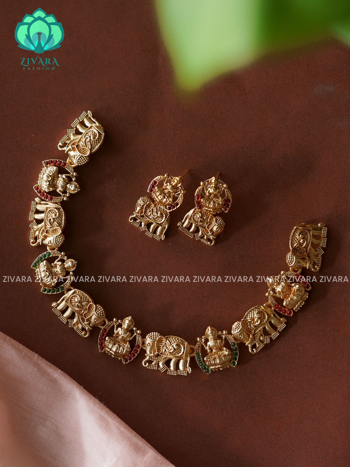 RUBY GREEN TEMPLE LAKSHMI - Traditional south indian NORMAL MATTE neckwear with earrings- Zivara Fashion- latest jewellery design.