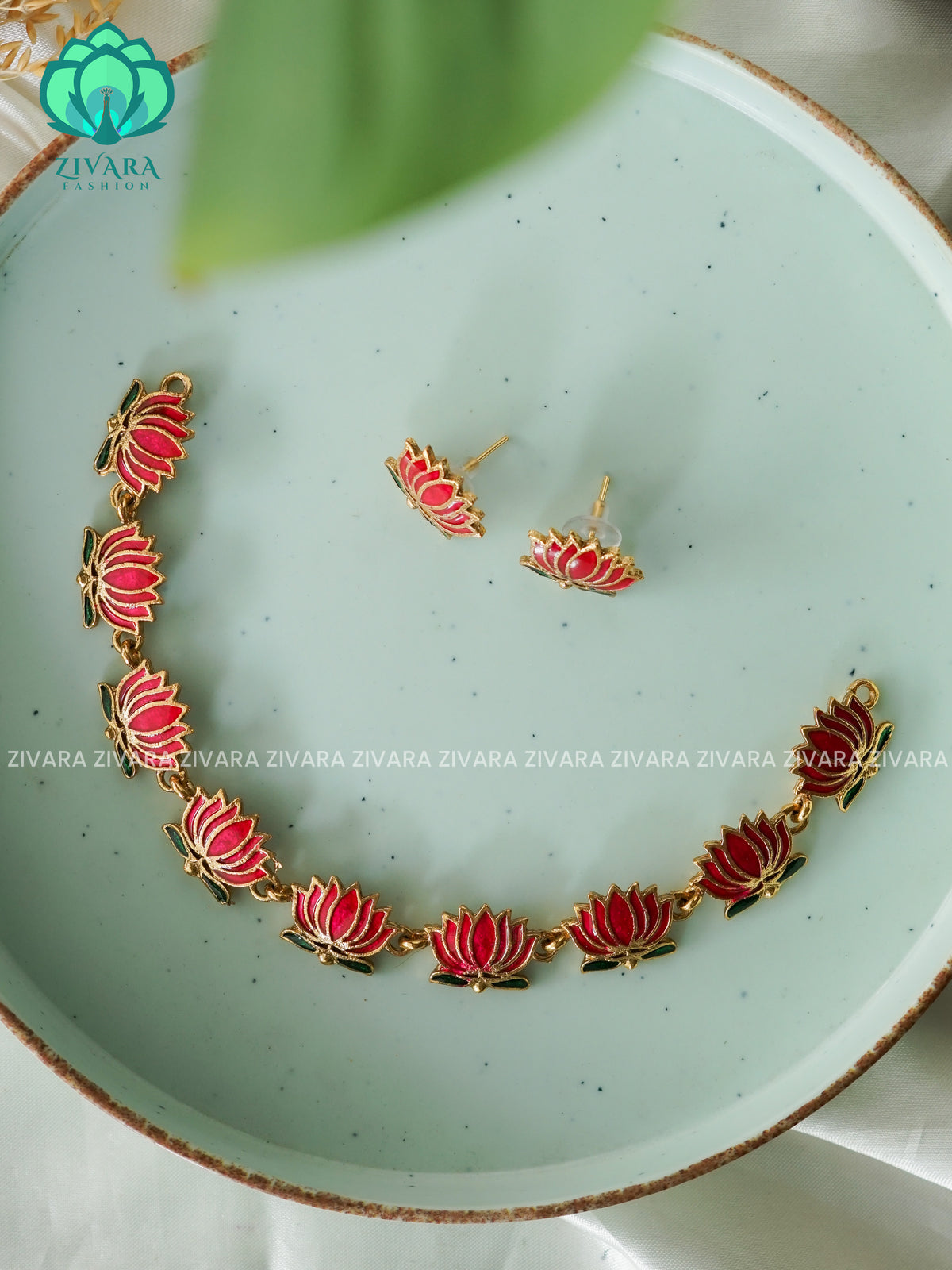 MANJU WARRIER  inspired Trending NORMAL MATTE lotus enamel neckwear with earrings- Zivara Fashion- latest jewellery design