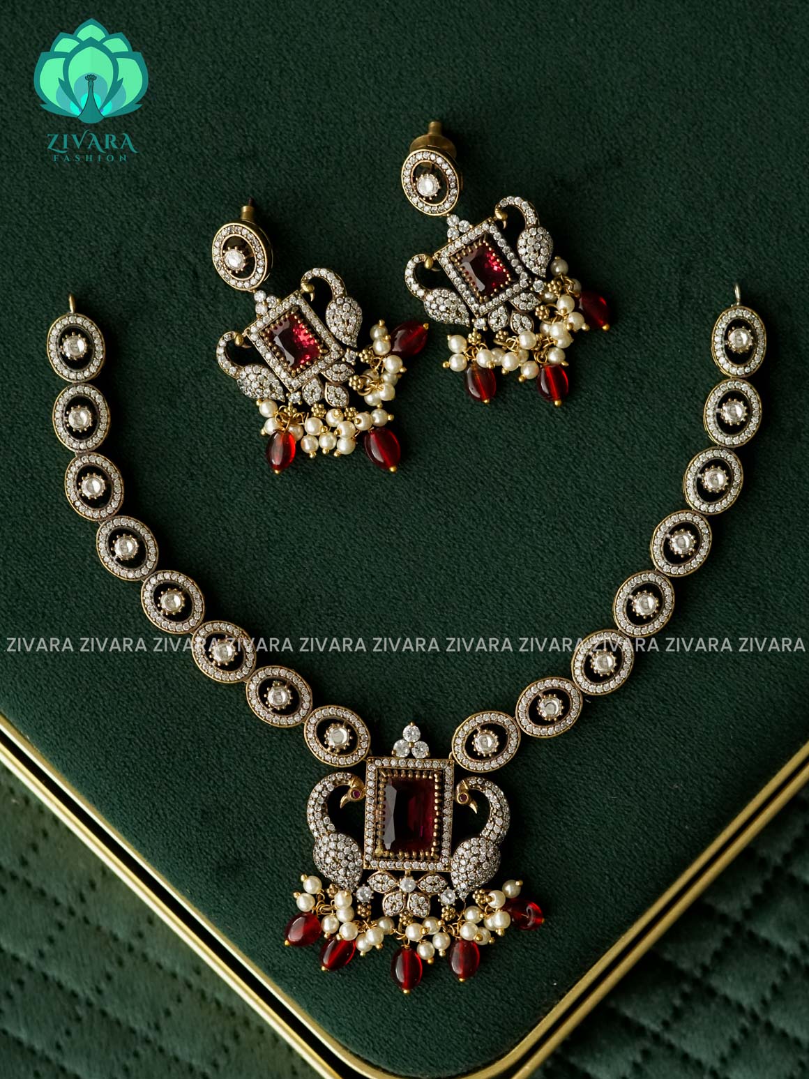 RED BEADS - Peacock - Ultra premium victoria dark polish trending neckwear collection- bridal collection- Zivara Fashion