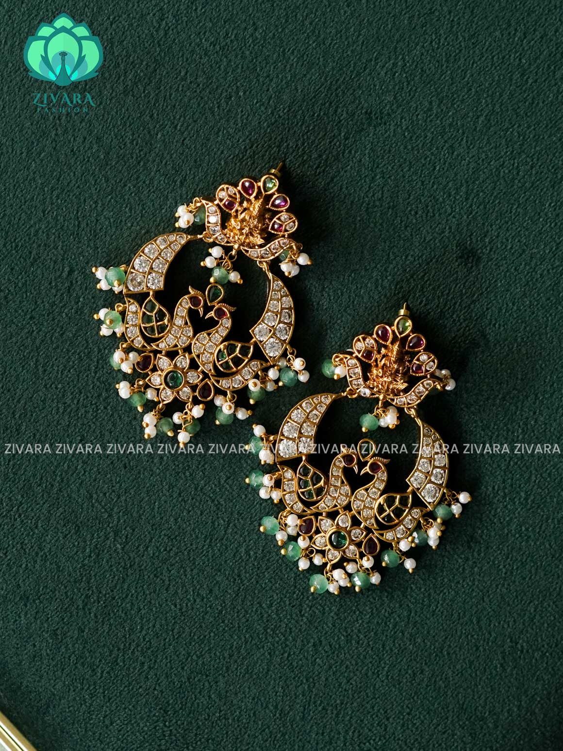 TEMPLE PEACOCK MOTIF-BEAUTIFUL FESTIVE GREEN BEADS BALI -PREMIUM MATTE  polish BALI- latest jewellery collection- zivara fashion