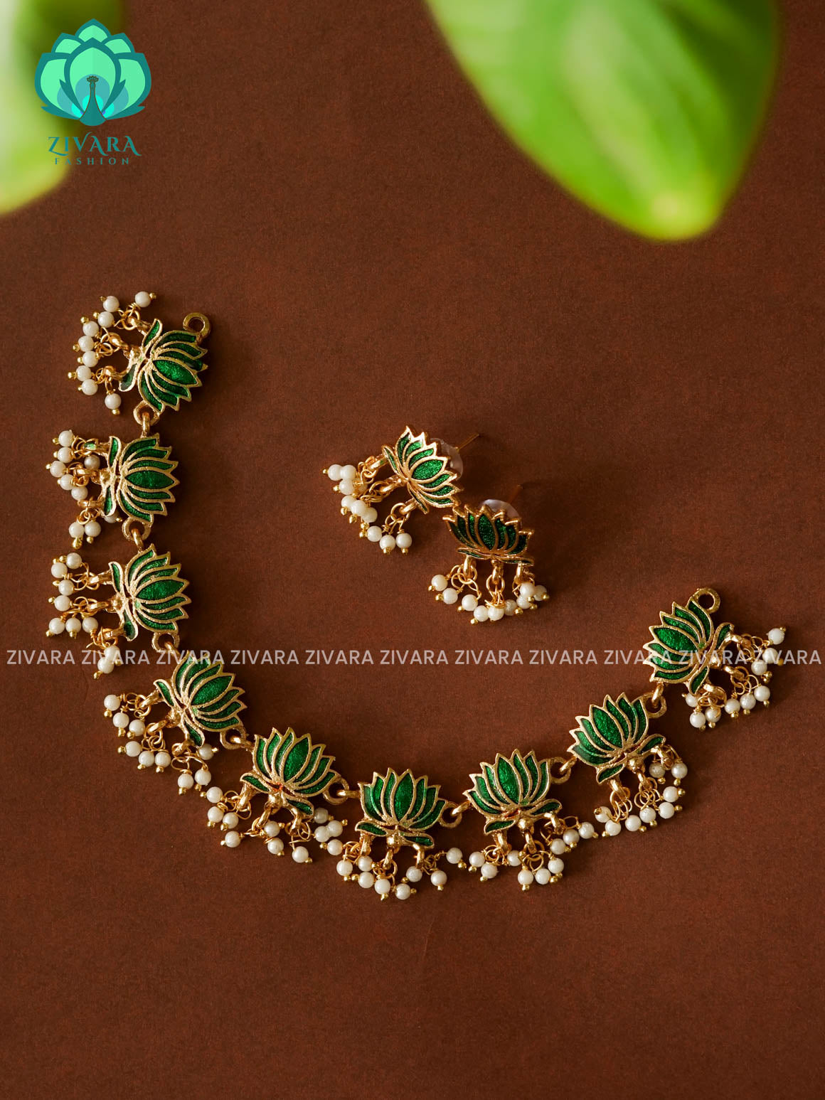 Green- Manju varier inspired Trending NORMAL MATTE lotus enamel neckwear with earrings- Zivara Fashion- latest jewellery design