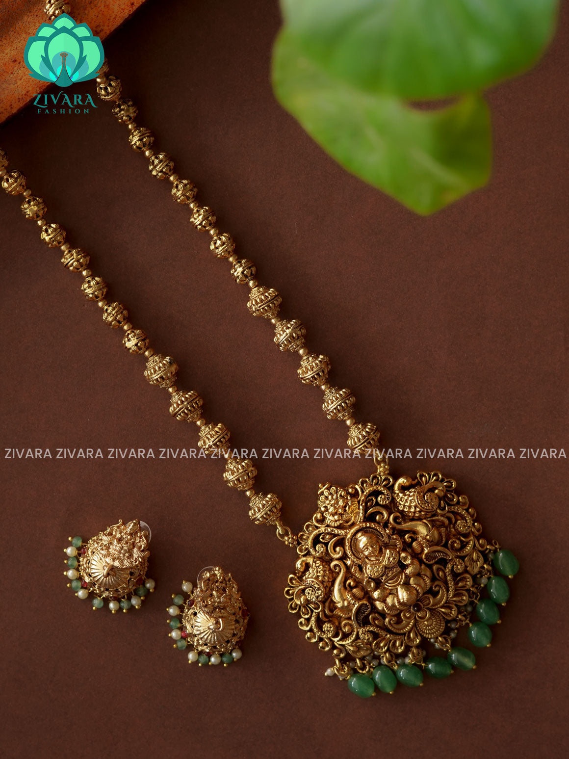 GREEN BEADS AND TEMPLE PENDANT  BALL CHAIN - Traditional NORMAL MATTE polish MIDCHEST haaram/neckwear with earrings- Zivara Fashion