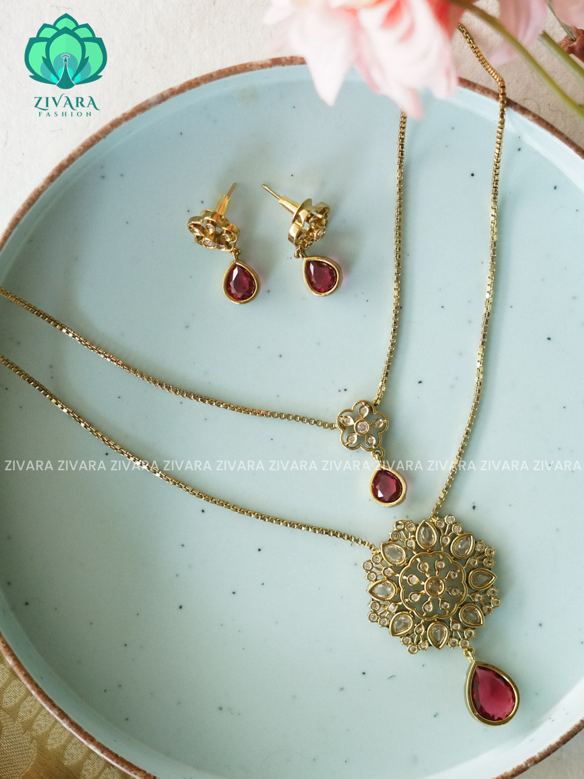 RUBY - DOUBLE LAYER flower  THIN PARROT CHAIN  -Traditional south indian premium neckwear with earrings- Zivara Fashion- latest jewellery design