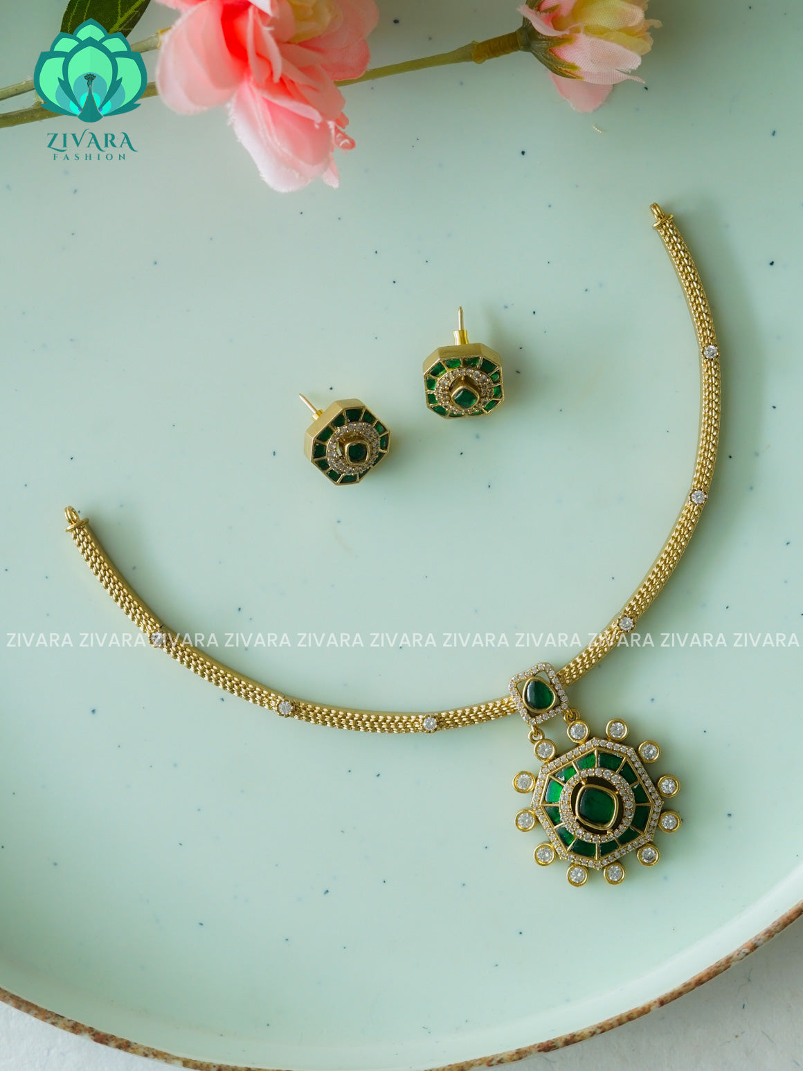 GREEN - JADAU ATTIGAI -Traditional south indian premium neckwear with studs - Zivara Fashion- latest jewellery design
