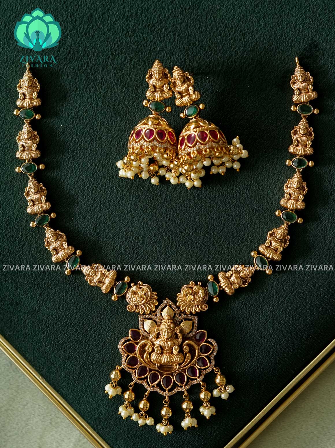 Ruby and Green Trending Premium temple neckwear with earrings- Zivara Fashion- latest jewellery design