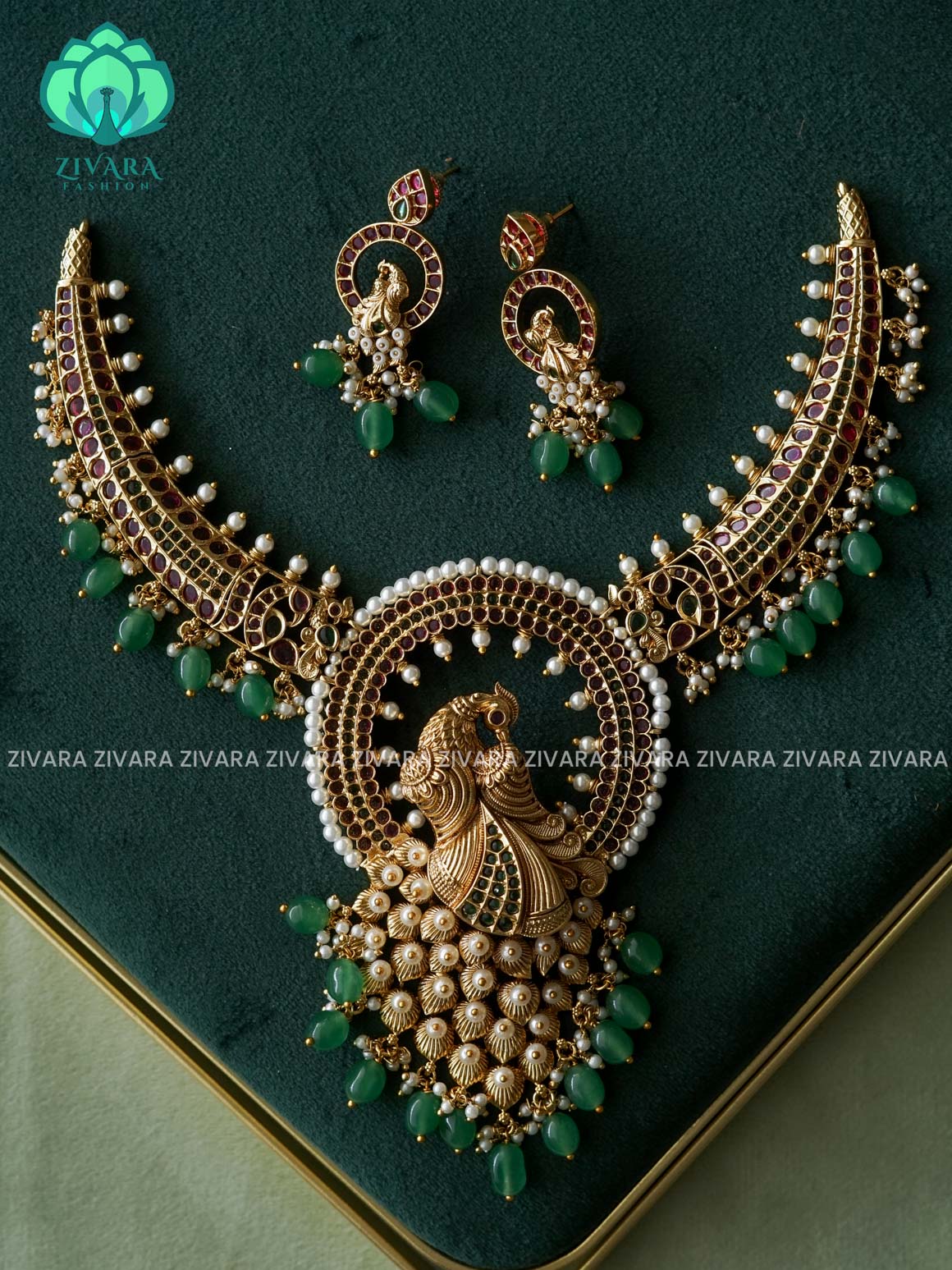 AKSHAYAM - GREEN BEADS PEACOCK HEAVY REAL KEMP  BRIDAL HASLI -Traditional south indian premium neckwear with earrings- Zivara Fashion- latest jewellery design.