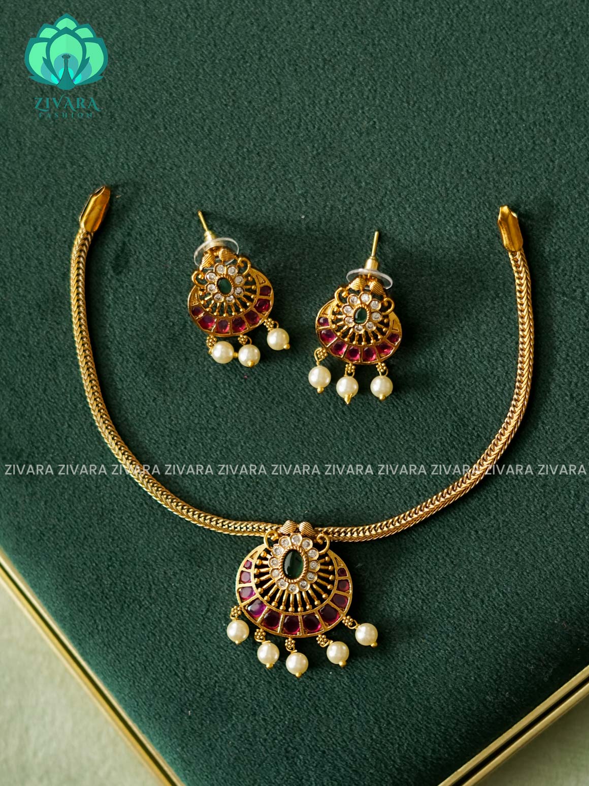 FLOWER PENDANT  - FLEXIBLE CHAIN WITH HANGINGS -Traditional south indian premium neckwear with earrings- Zivara Fashion- latest jewellery design