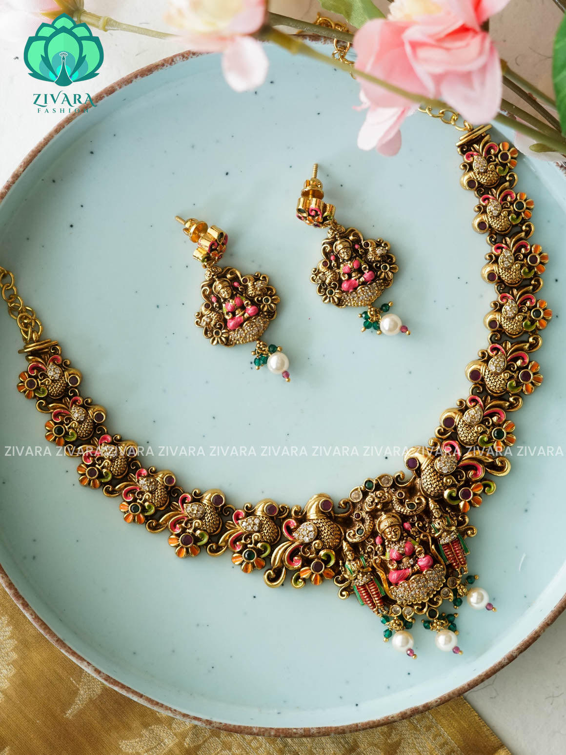 MADHURYA -  GRAND BRIDAL VINTAGE FINISH  handpainted - Traditional south indian premium neckwear with earrings- Zivara Fashion- latest jewellery design