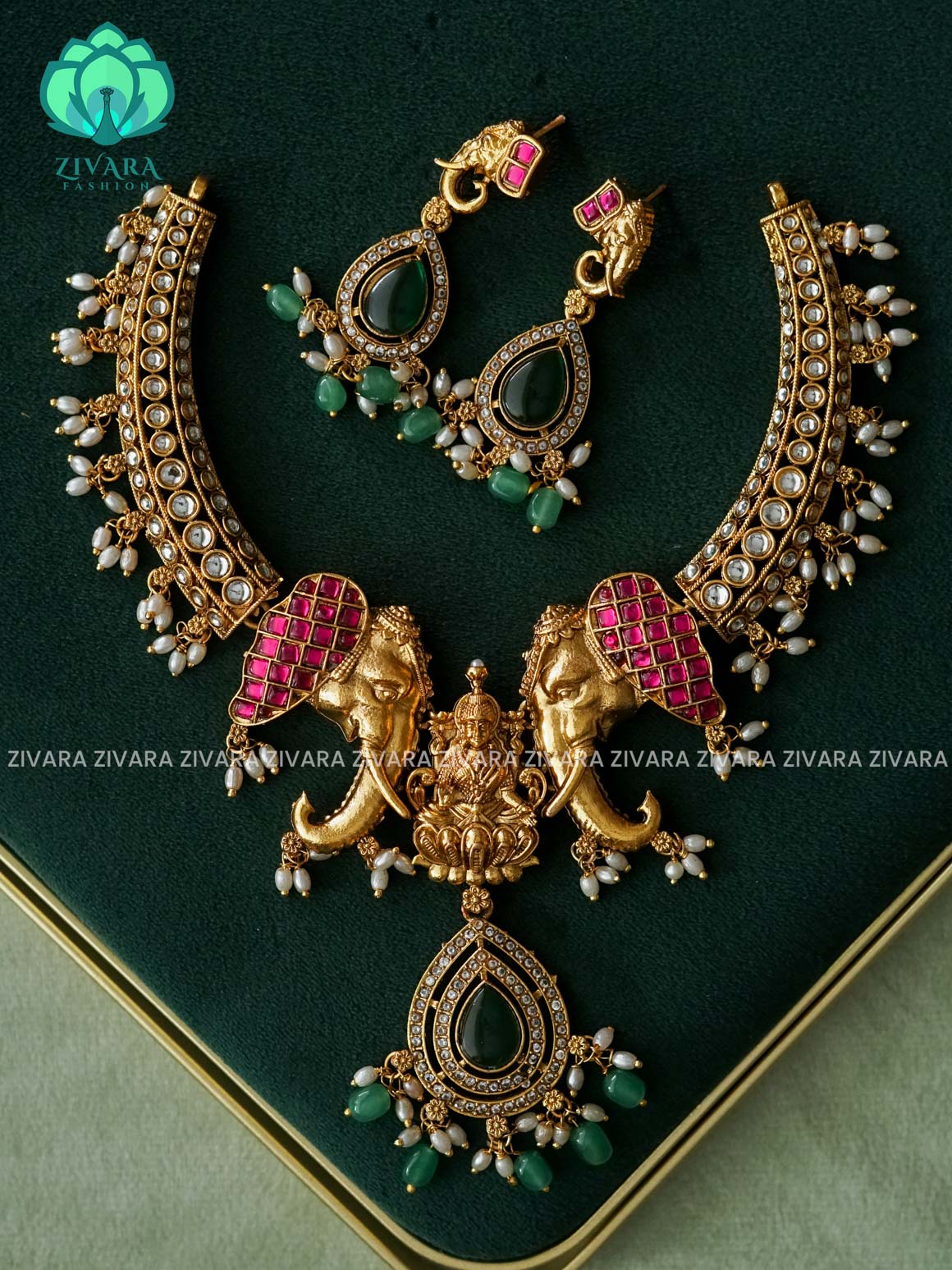 LAKSHMI ELEPHANT BRIDAL HASLI  NECK WEAR WITh EARRINGS  - Normal matte polish neckwear - south indian jewellery - zivara fashion