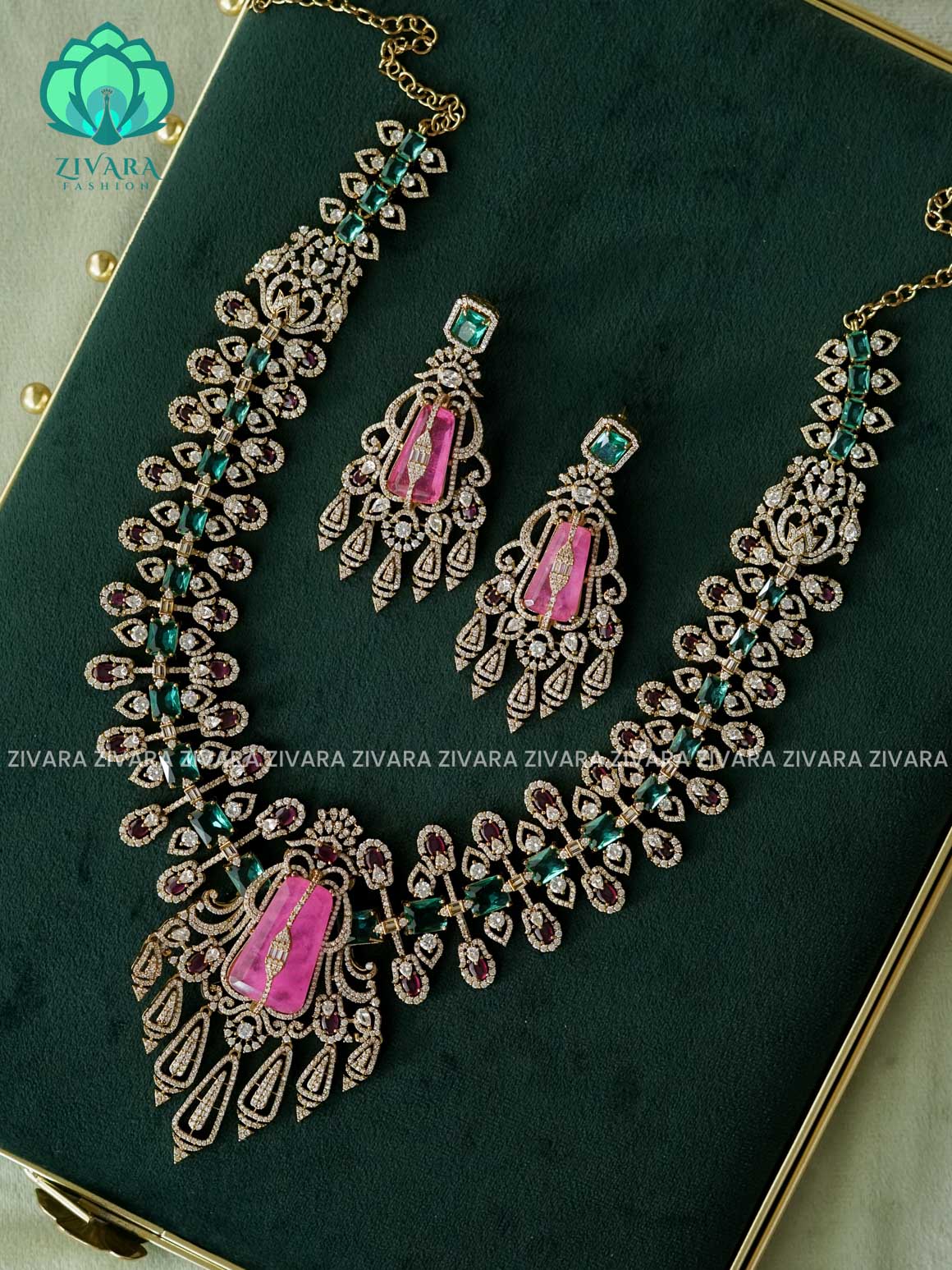 AKSHAYAM - EXUBERANT RANI TURQUOISE GREEN PINK  BRIDAL LONG/MIDCHEST  - Traditional premium long haaram/neckwear with earrings- Zivara Fashion