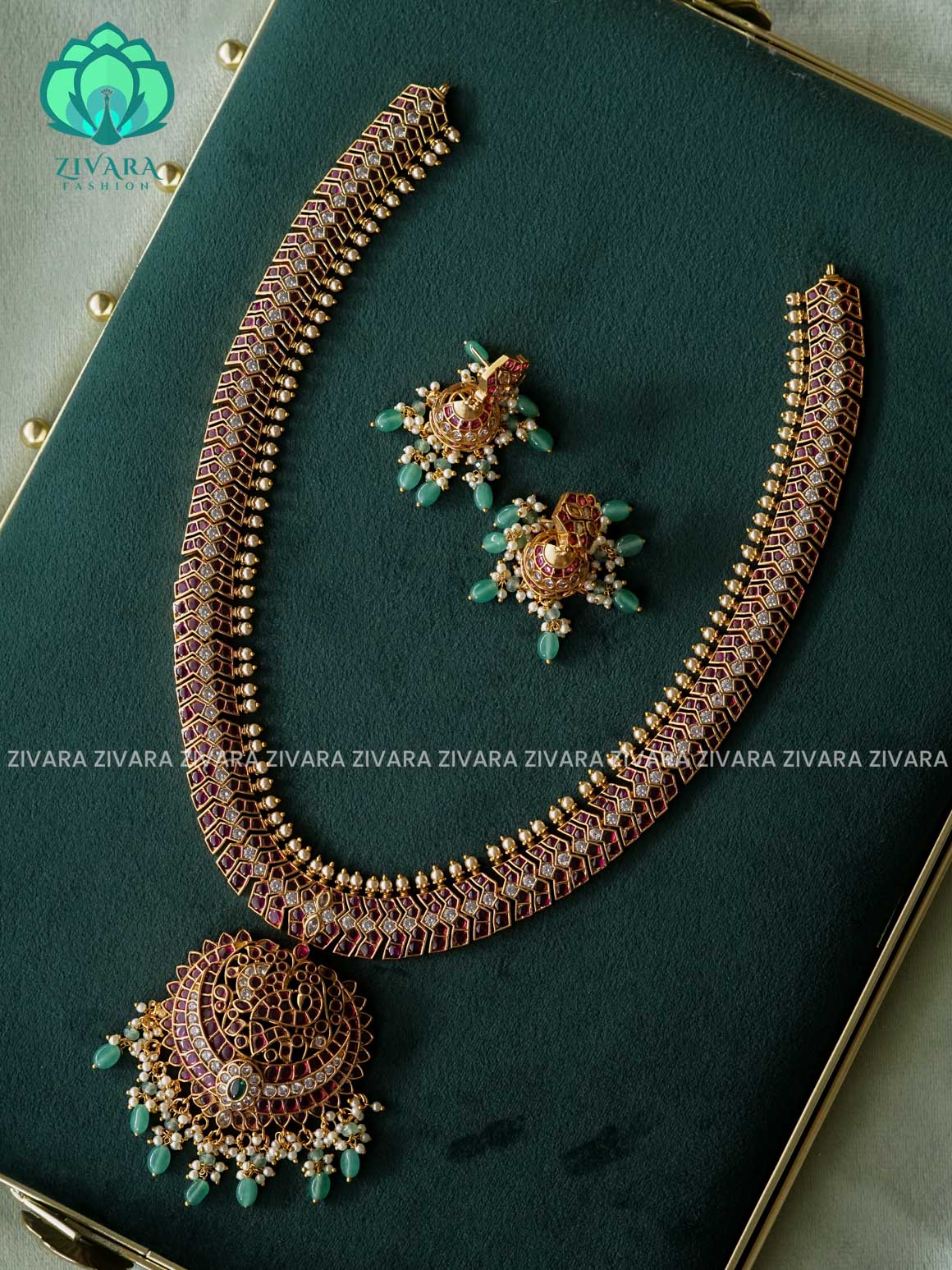 REAL KEMP PEACOCK MOTIF WITH  GREEN BEADS  HANGINGS  - Traditional PREMIUM MATTE polish MIDCHEST haaram/neckwear with earrings- Zivara Fashion