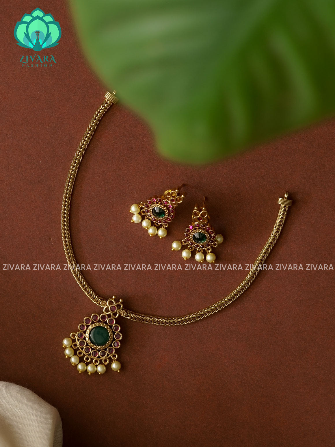 HOTSELLING KIDS FRIENDLY GREEN PENDANT WITH FLEXIBLE CHAIN   -  Traditional south indian premium neckwear with earrings- Zivara Fashion- latest jewellery design