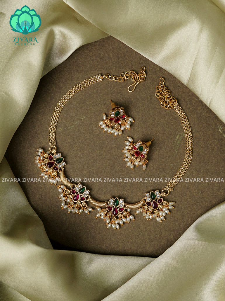 Ruby and Green -lotus normal matte choker with earrings-latest south indian jewellery