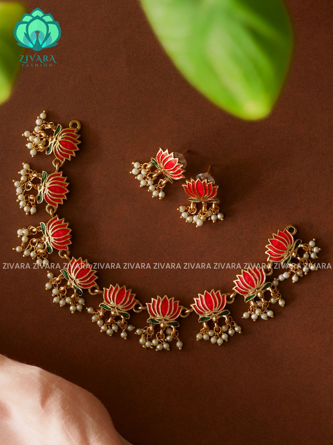 Manju varier inspired Trending NORMAL MATTE lotus enamel neckwear with earrings- Zivara Fashion- latest jewellery design