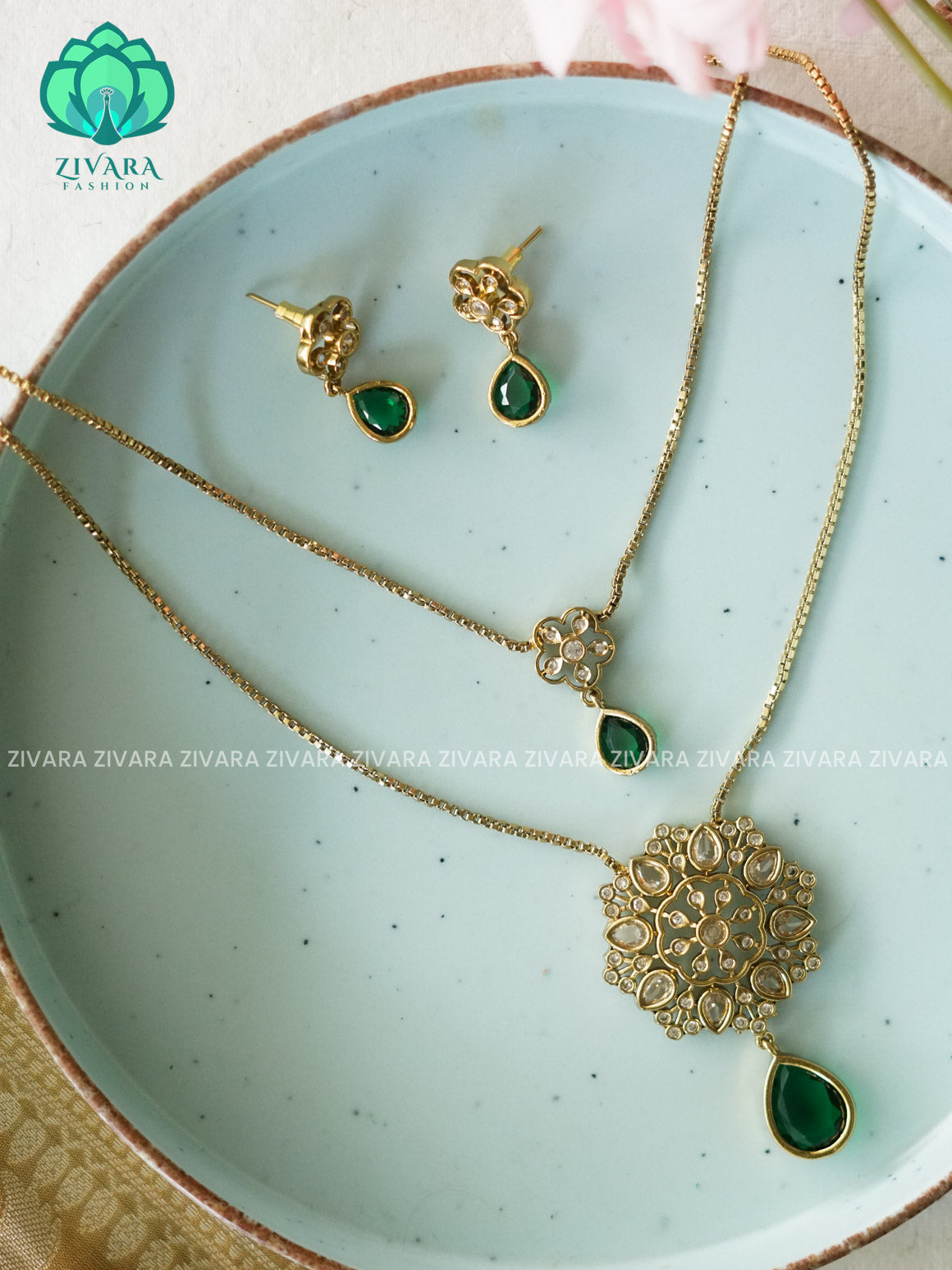GREEN- DOUBLE LAYER flower  THIN PARROT CHAIN  -Traditional south indian premium neckwear with earrings- Zivara Fashion- latest jewellery design