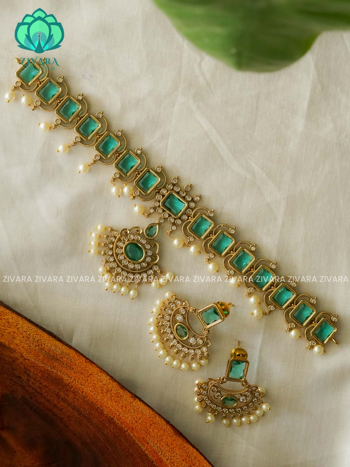 AQUA GREEN BOX MOTIF - TRADITIONAL CHOKER COLLECTION WITH EARRINGS- LATEST JEWELLERY COLLECTION