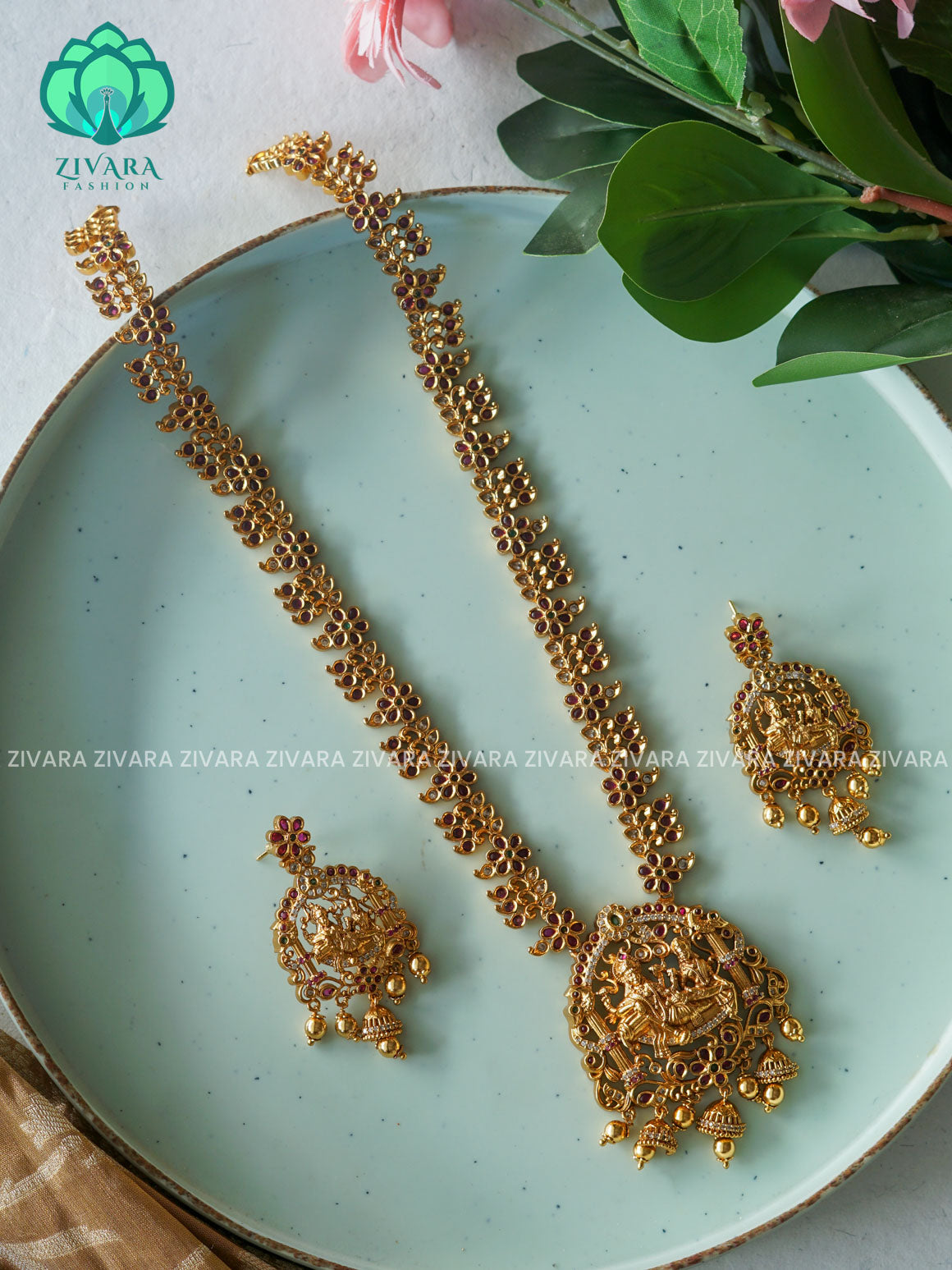 REAL KEMP RADHA KRISHNA TEMPLE BRIDAL - Traditional PREMIUM MATTE polish MIDCHEST haaram/neckwear with earrings- Zivara Fashion