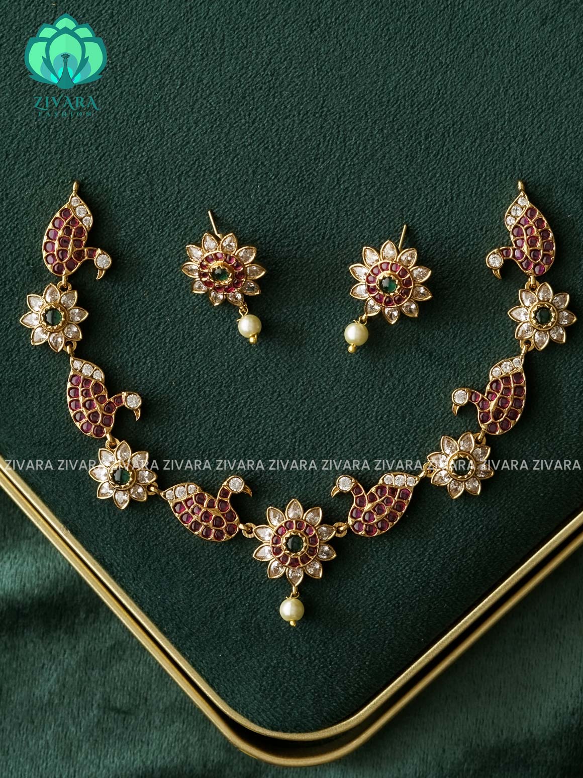 REAL KEMP PEACOCK NECKWEAR -Traditional south indian premium neckwear with earrings- Zivara Fashion- latest jewellery design
