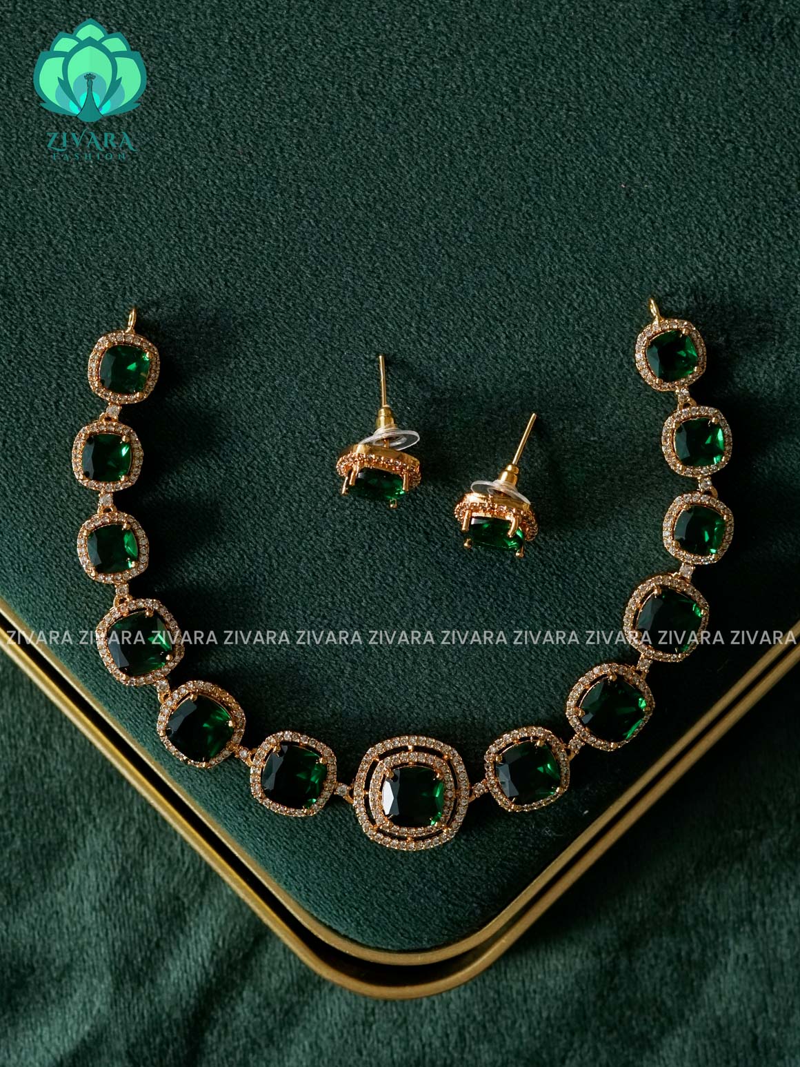 SQUARE GREEN ELEGANT  - Traditional PREMIUM neckwear with earrings- Zivara Fashion